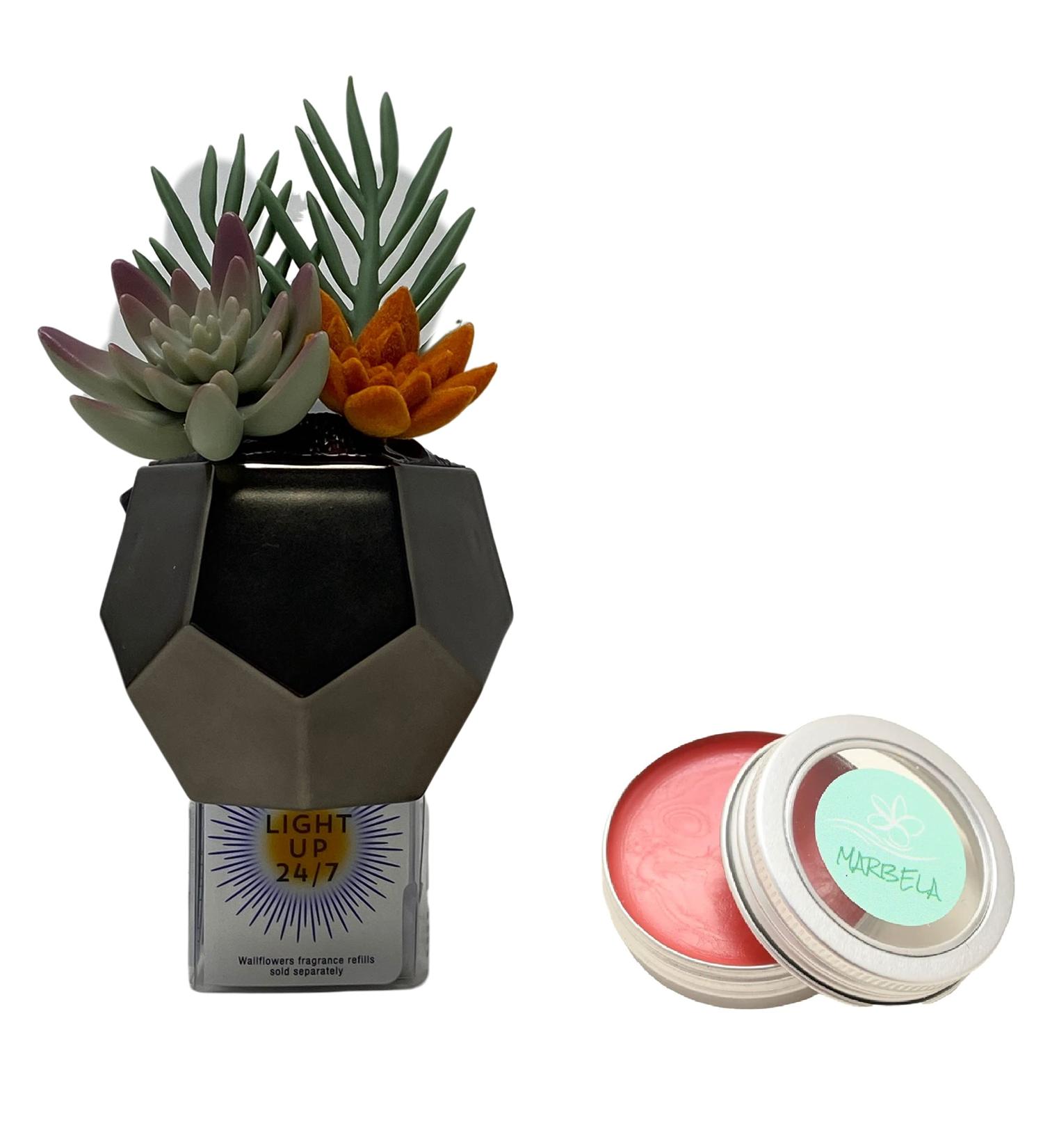 Bath & Body Works Geo Succulent Nightlight Wallflowers Fragrance Plug and a Strawberry Lip Balm.