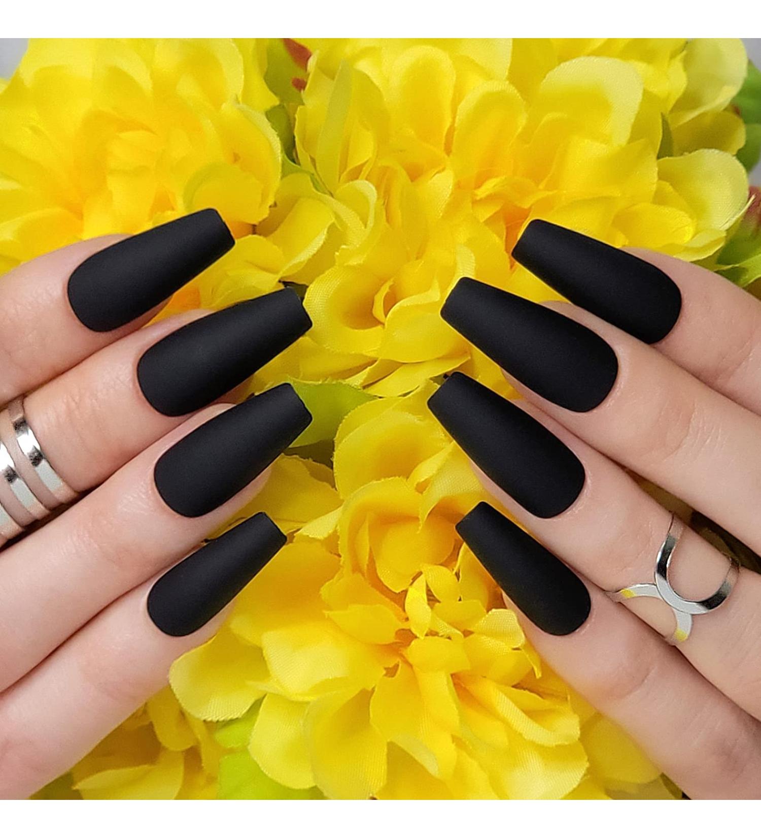 Hypnaughty 24 Pcs Noir Black Matte Coffin Press on Nails with Glue - Medium Long Solid Black Color False Nails - Buy Online on GoSupps.com