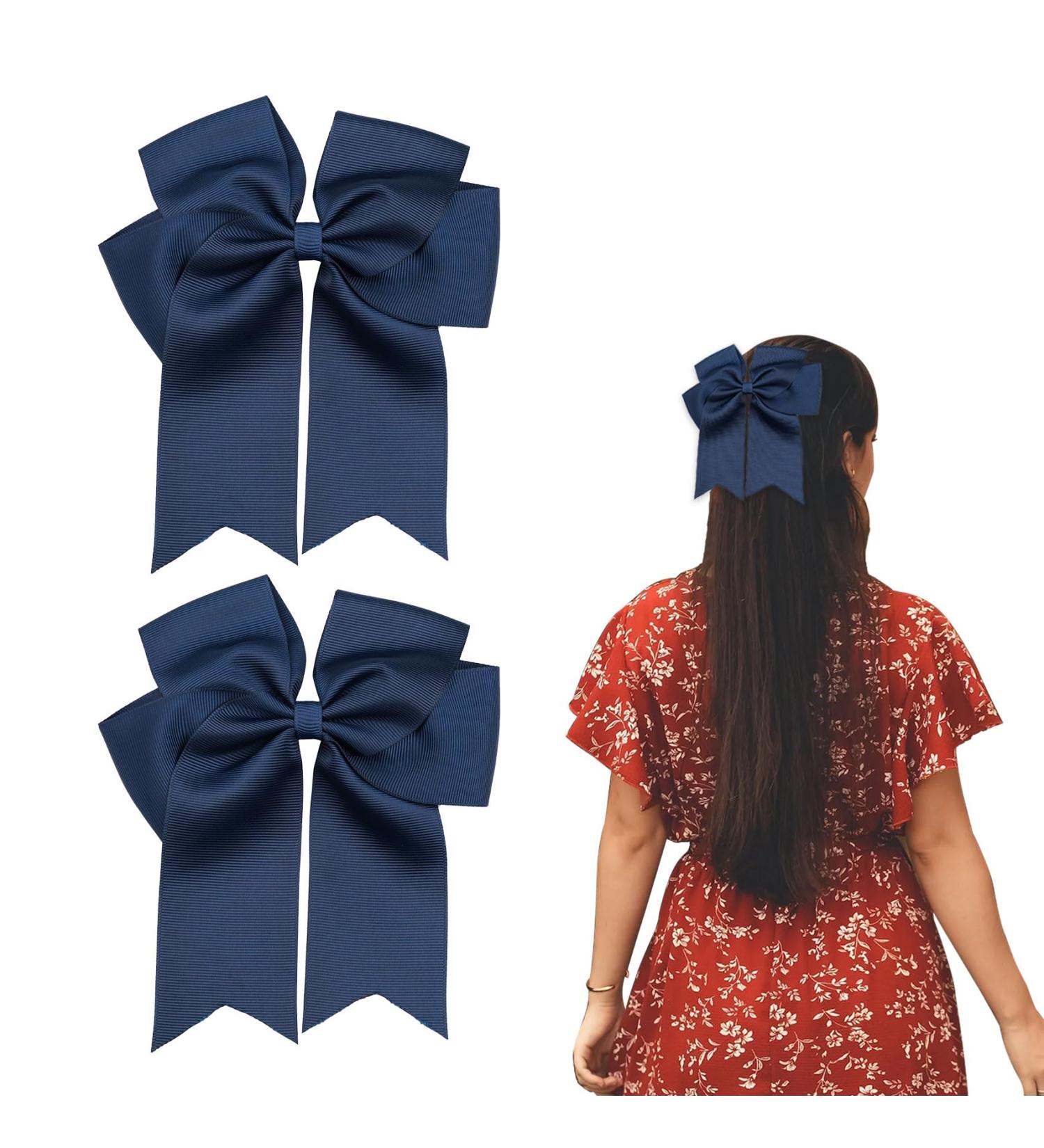 2 Pack 6 inch Bow Hair Clips Large Hair Bow Hair Barrette Clips for Women Girls Dark Blue Hair Bows - Buy Online on GoSupps.com