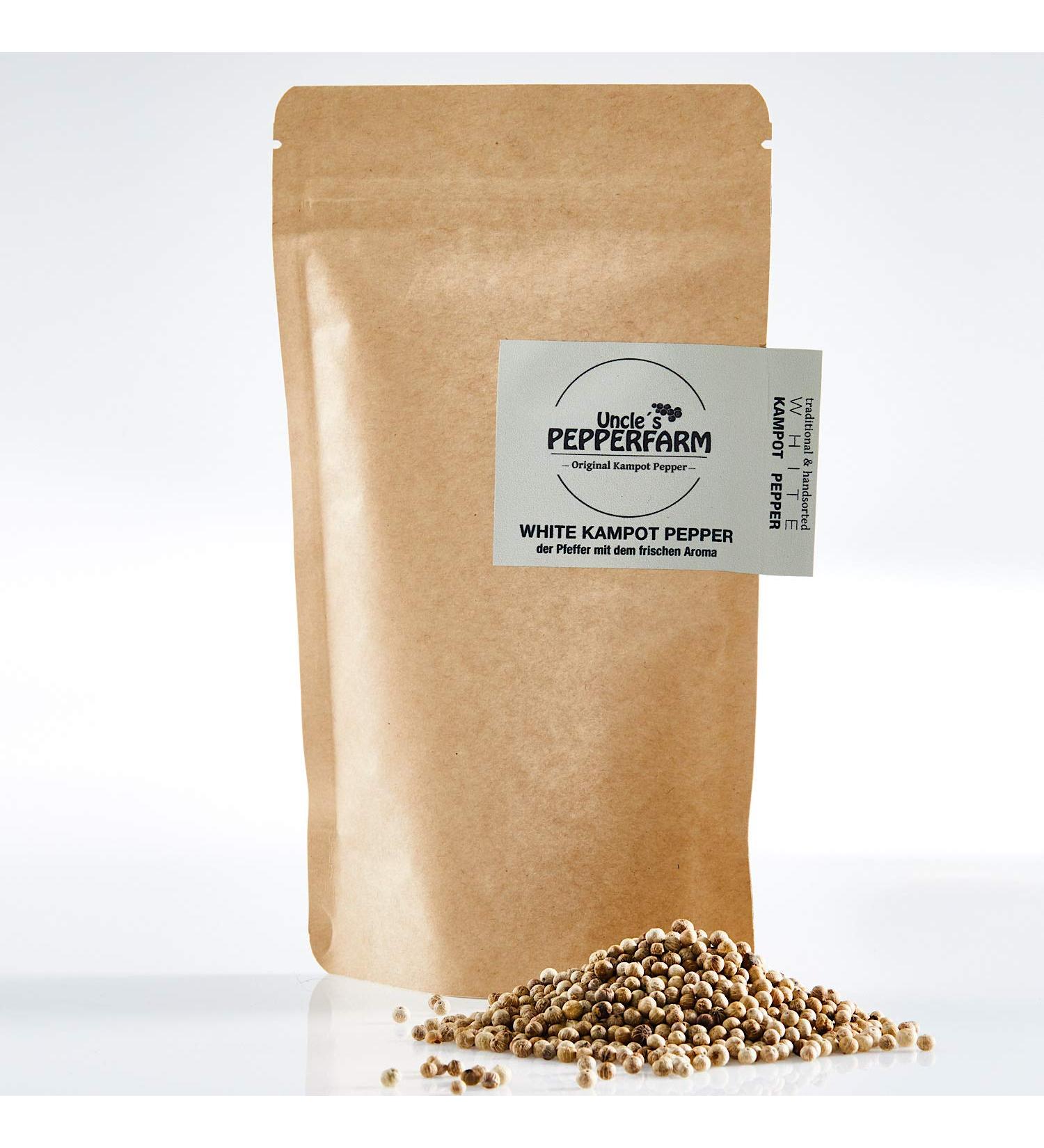 Uncle's Pepperfarm White Kampot Pepper - Premium Sun-Dried Whole White Peppercorns from Cambodia - 200g - Buy Online on GoSupps.com