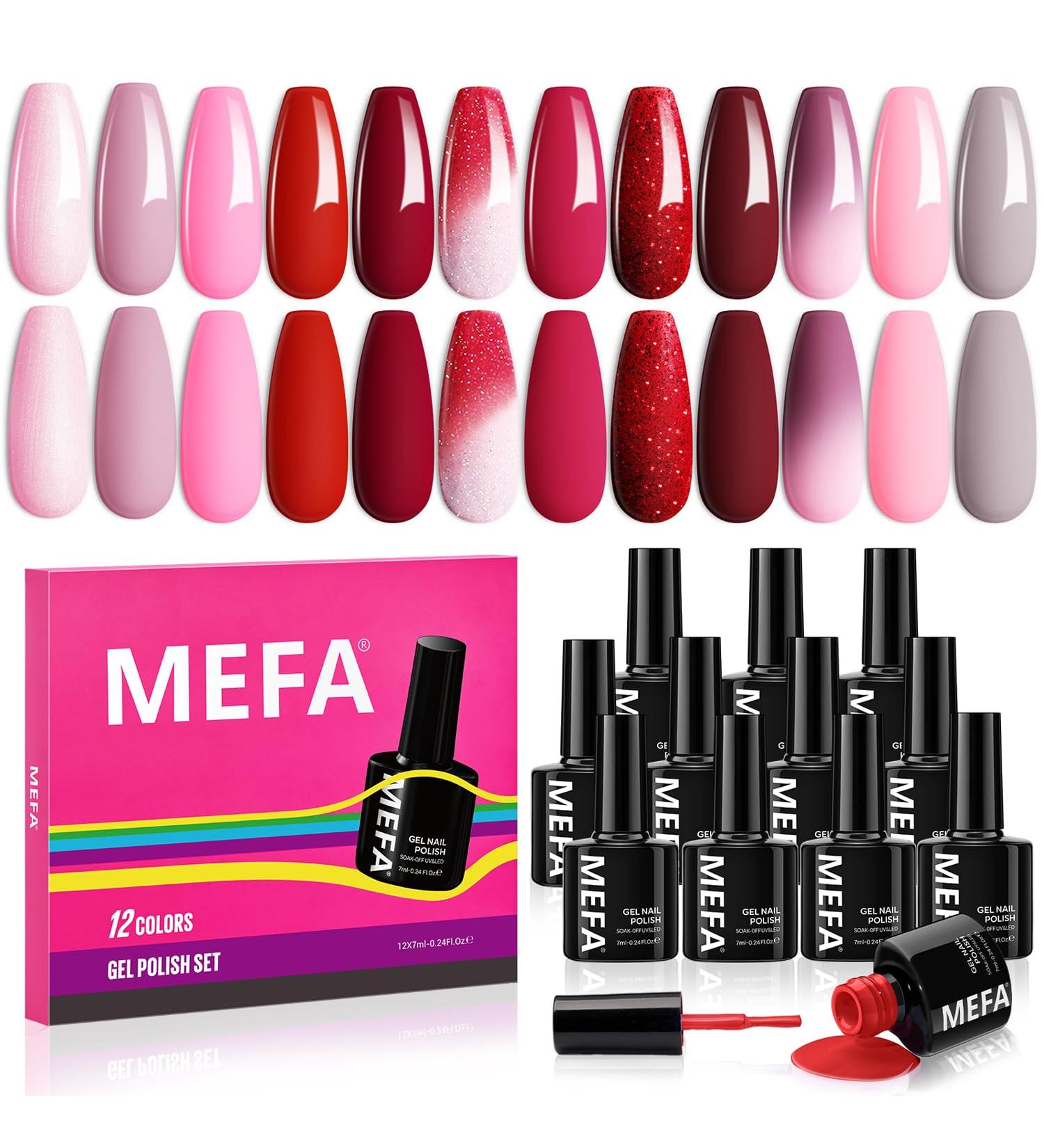 MEFA Red Gel Nail Polish Set 12 Colors Pink Brown Gel Polish Set Dark Red Gel Polish Soak Off UV Led Gray Glitter Nail Gel Manicure at Home DIY Salon for Women - Buy Online on GoSupps.com