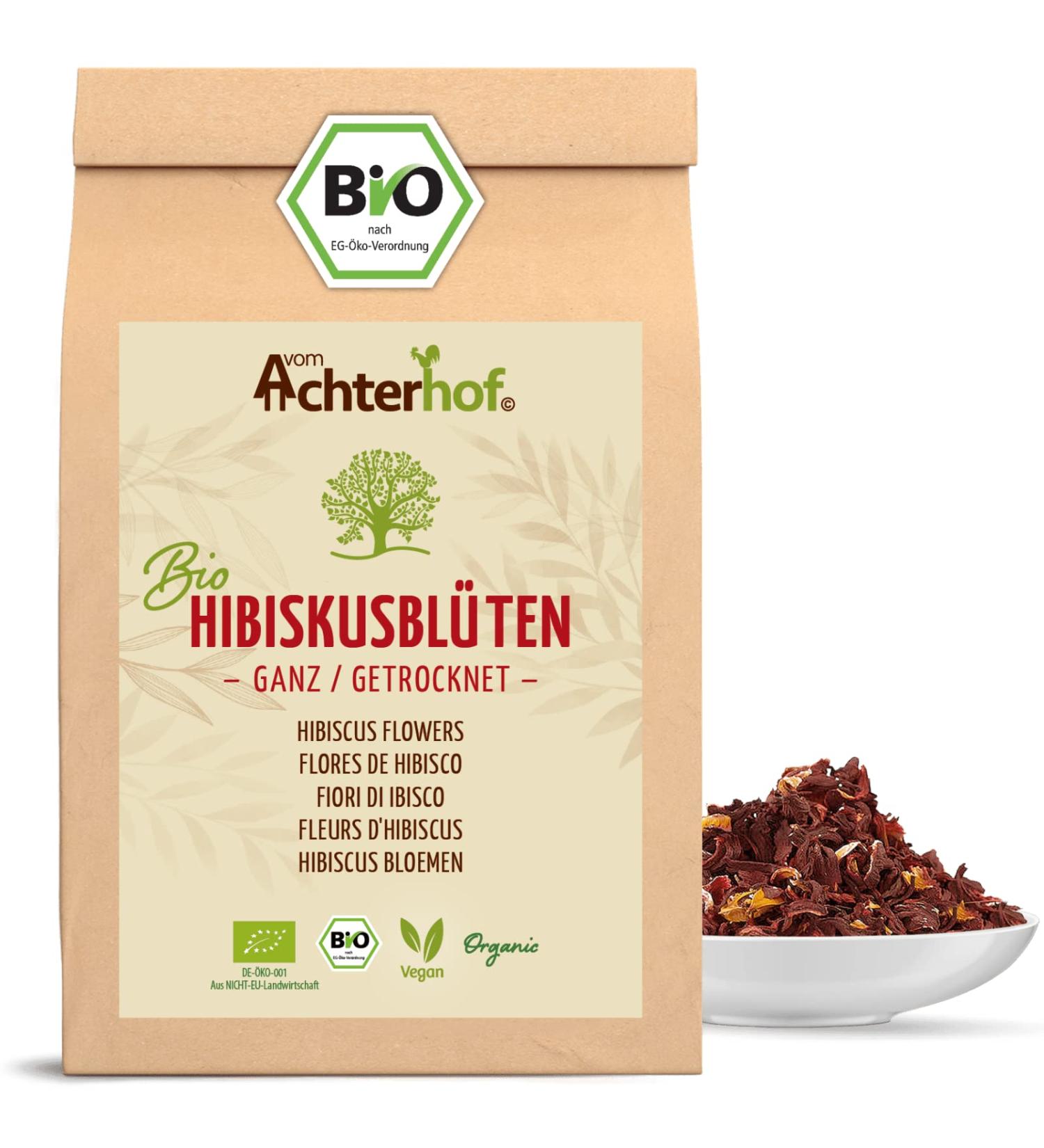Organic Dried Hibiscus Flowers 250g | Slightly Sour & Fruity Taste | Ideal for Tea Salads & Desserts | Achterhof Quality - Buy Online on GoSupps.com