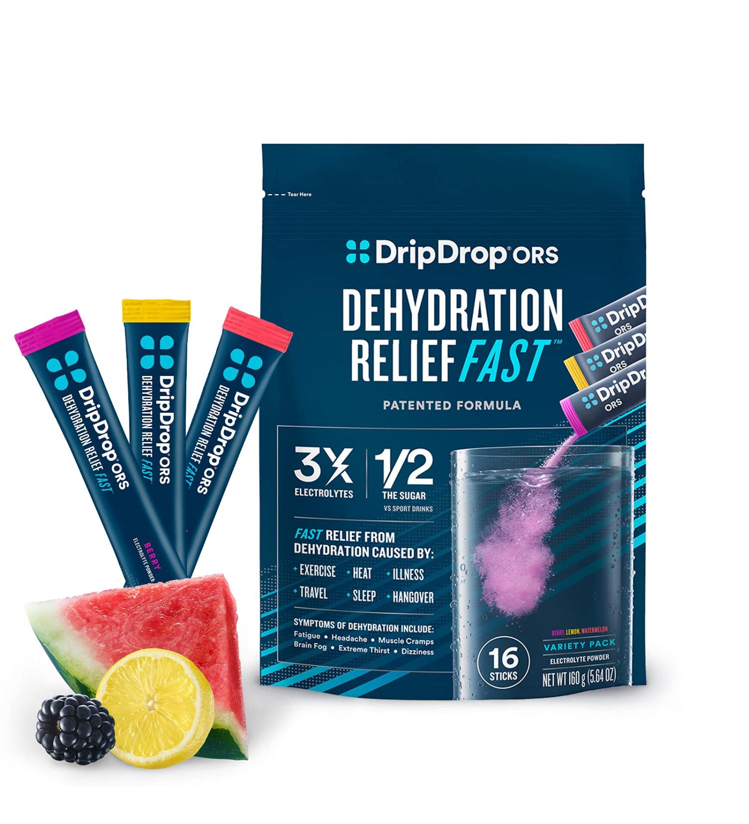 DripDrop ORS Electrolyte Powder Variety Pack - Watermelon  Berry  Lemon - 16 Count - Buy Online on GoSupps.com