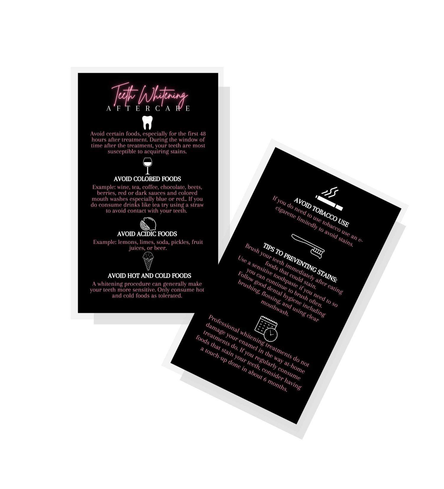 Teeth Whitening Aftercare Cards 50 Pack 2x3.5 inch | Kit Supplies - Black Neon Pink Design - Buy Online on GoSupps.com