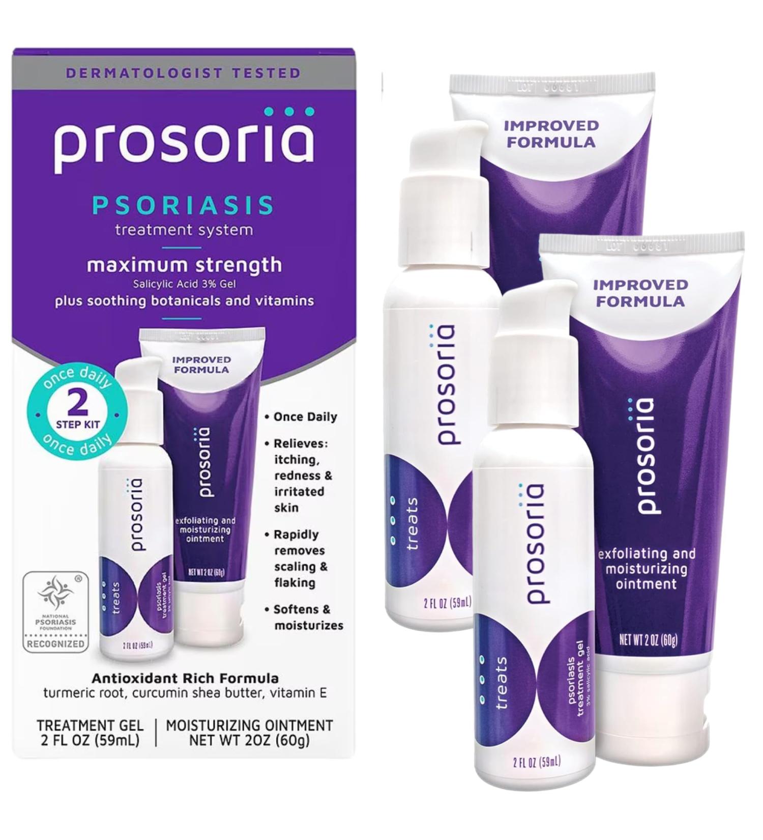 Prosoria Treatment System Double Kit 2oz | Powerful Psoriasis Relief with Salicylic Acid Turmeric Shea Butter & Vitamins | Gel & Ointment for Scaling Flaking Dryness Itching & Redness Relief Treatment Kit 4 Ounce - Buy Online on GoSupps.com