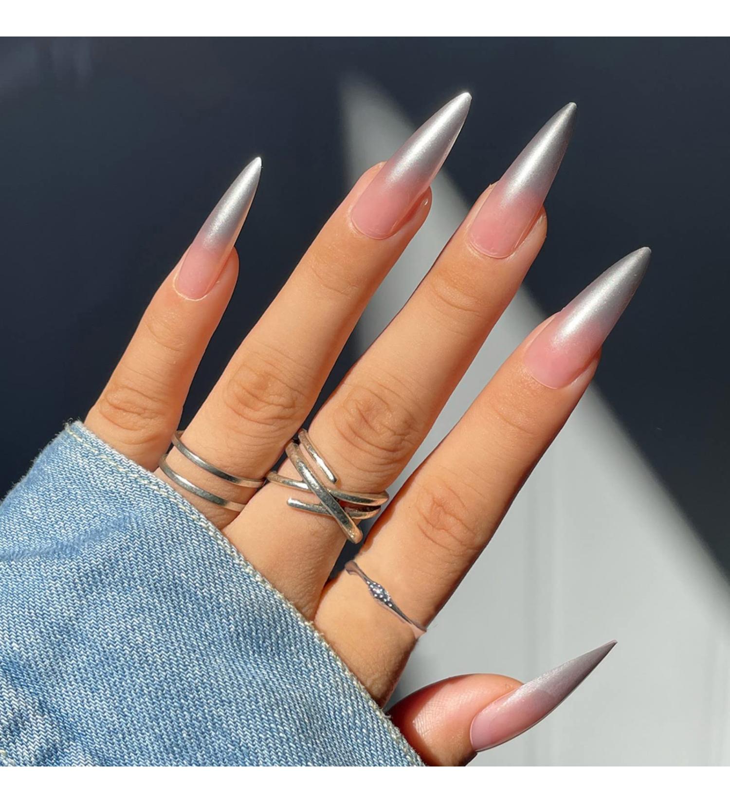 Justotry 24 Pcs Pearl Stiletto Fake Nails - Gradient Grey French Press on Nails for Women - Acrylic Extra Long False Nails with Glue - Nail Art - Buy Online on GoSupps.com