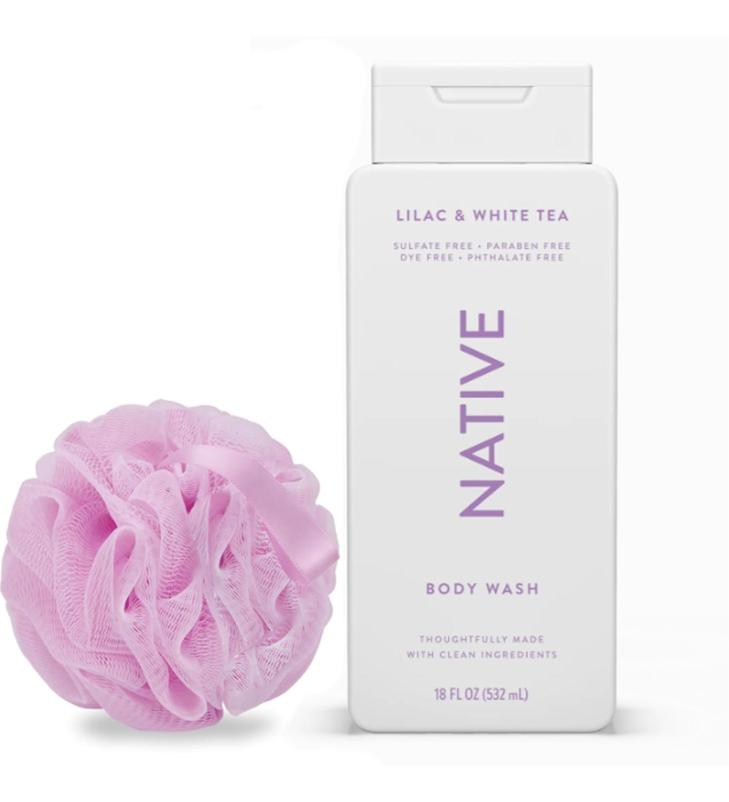 Native Body Wash Lilac & White Tea 18 oz - Sulfate & Paraben Free Unisex with Premium Loofah & Back Sponge - Buy Online on GoSupps.com