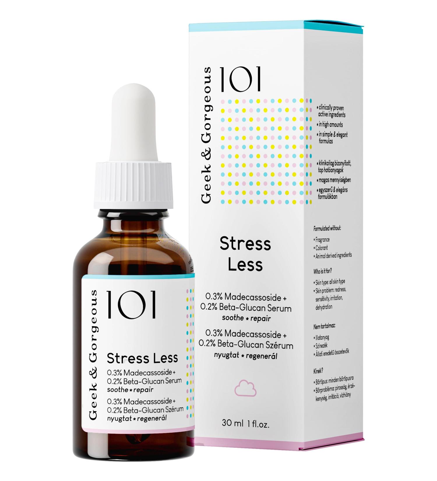 Geek & Gorgeous 101 - Stress Less light & silky gel formula with Beta-Glucan & Madecassoside soothes & repairs - all skin types especially sensitive 30ml - Buy Online on GoSupps.com