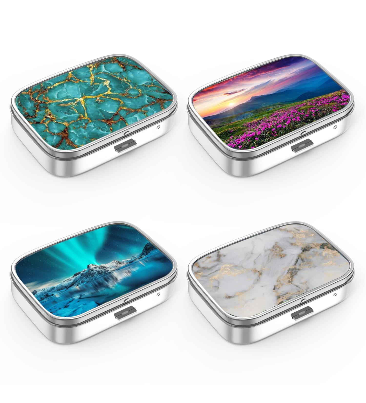 Portable 2 Compartment Pill Box - Decorative Metal Organizer for Vitamins & Medicine | Unique 4-Piece Set Gift - Buy Online on GoSupps.com