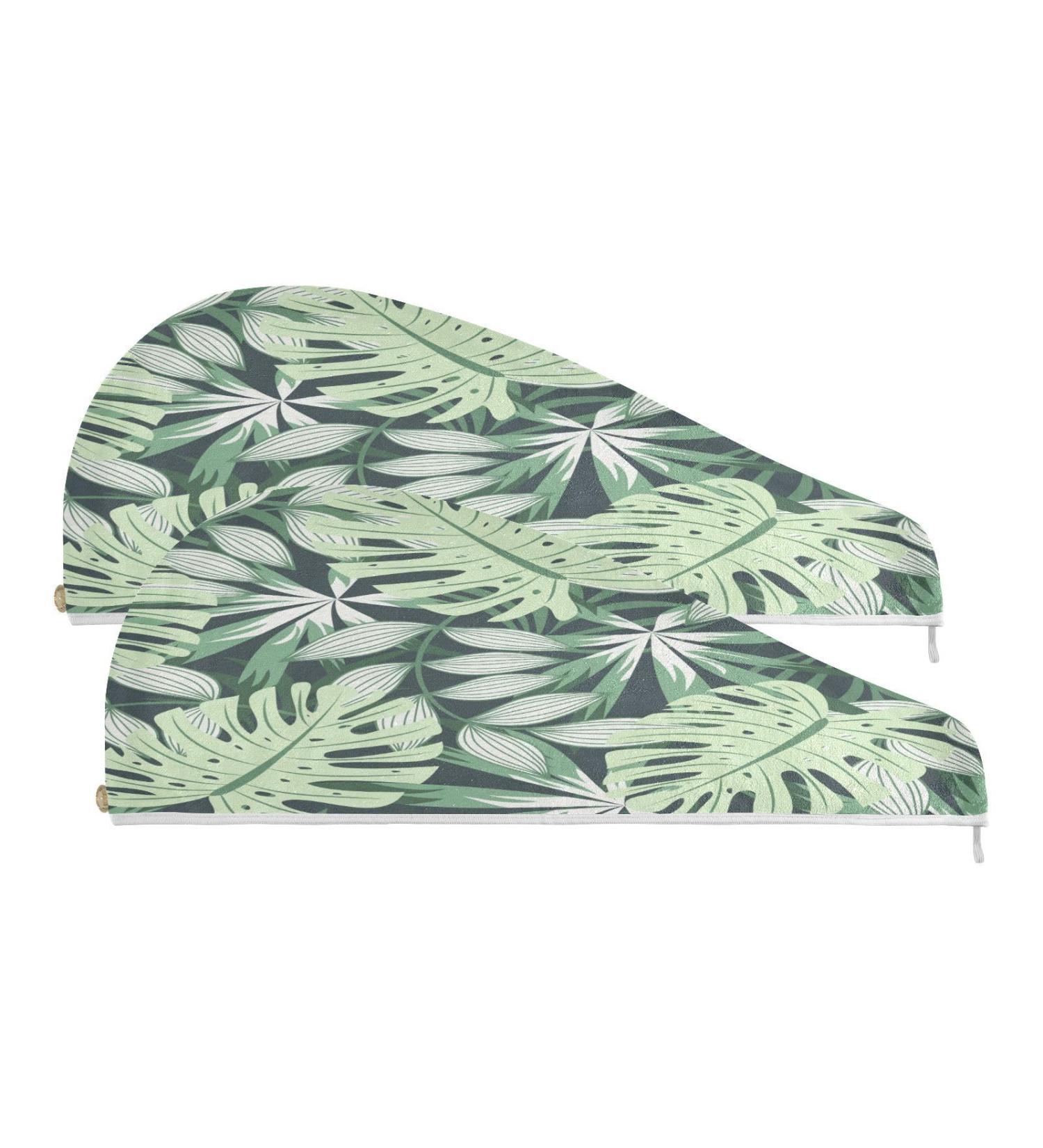 Tropical Leaves Dry Hair Cap & Quick Drying Towel Set - Super Absorbent Soft Comfortable | 2 Piece with Button Headband - Perfect for All Hair Types - Buy Online on GoSupps.com