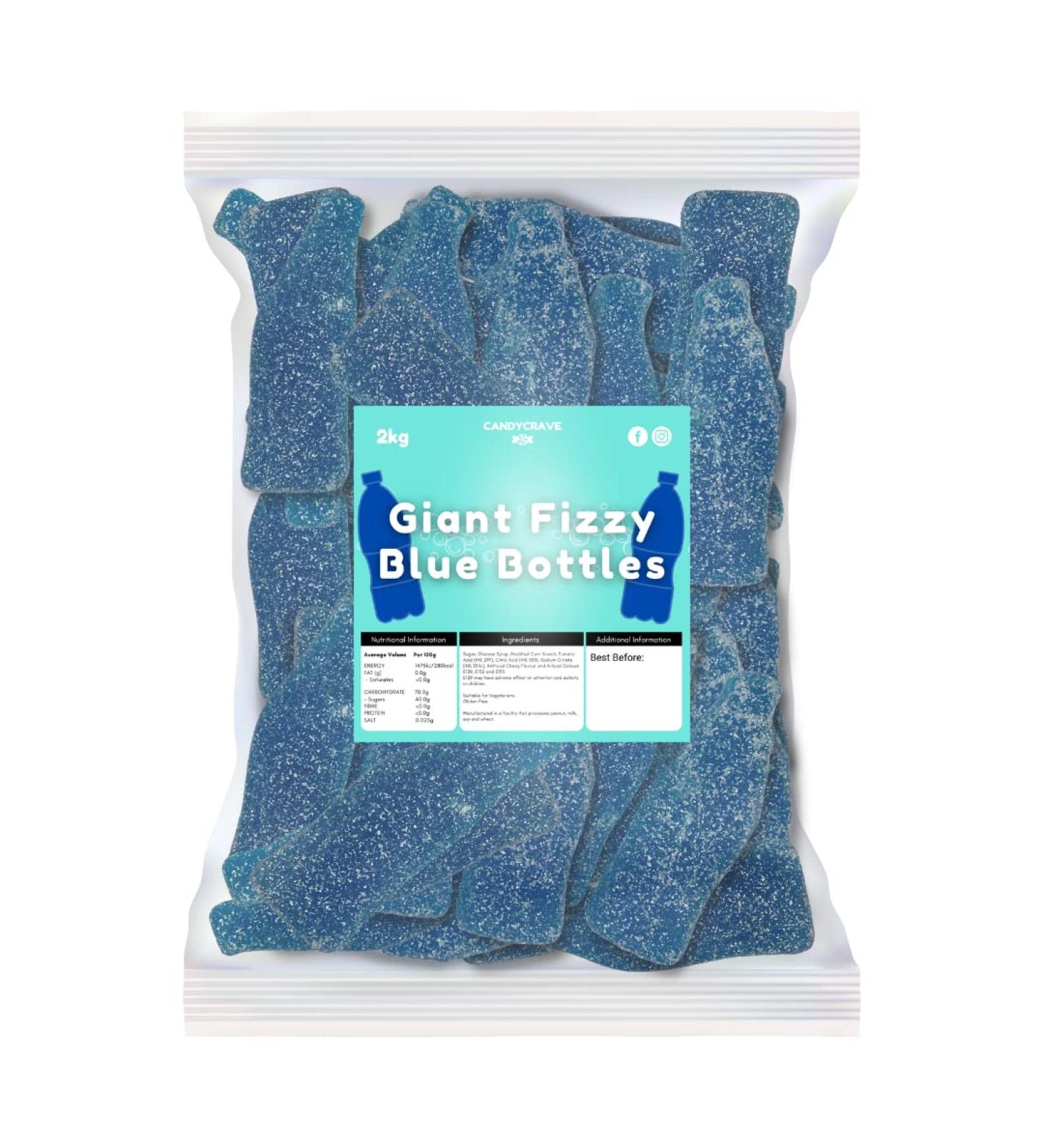 Giant Fizzy Blue Bottles - Fizzy Sweets - 2KG Bag - Cherry Flavoured Fizzy Bottle Sweets - Gluten Free - Vegetarian - Baby Shower - Gender Reveal - It's A Boy