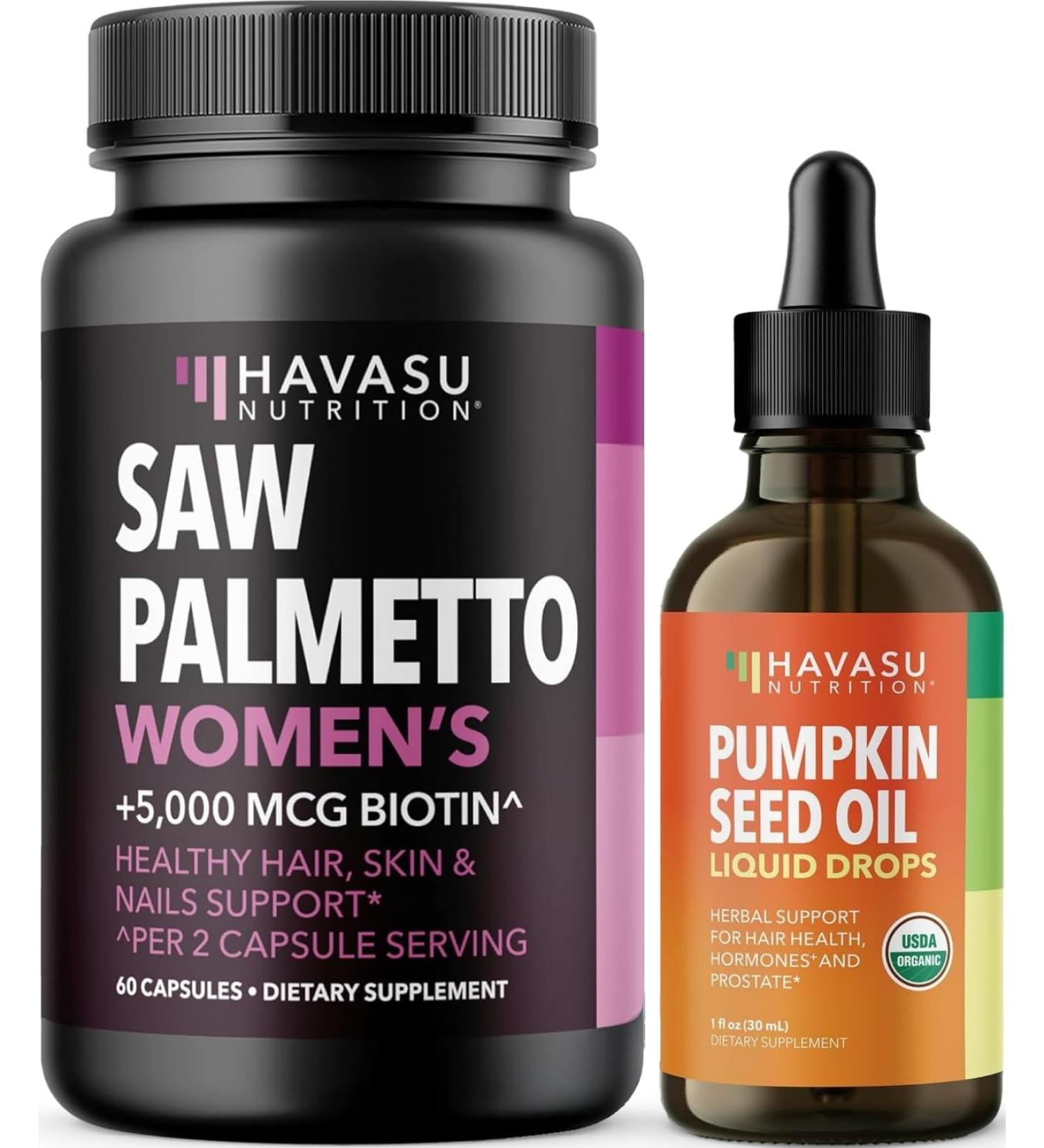 HAVASU NUTRITION USDA Organic Pumpkin Seed Oil Drops (60 Servings) & Saw Palmetto for Women Hair Complex (30 Servings) - Buy Online on GoSupps.com