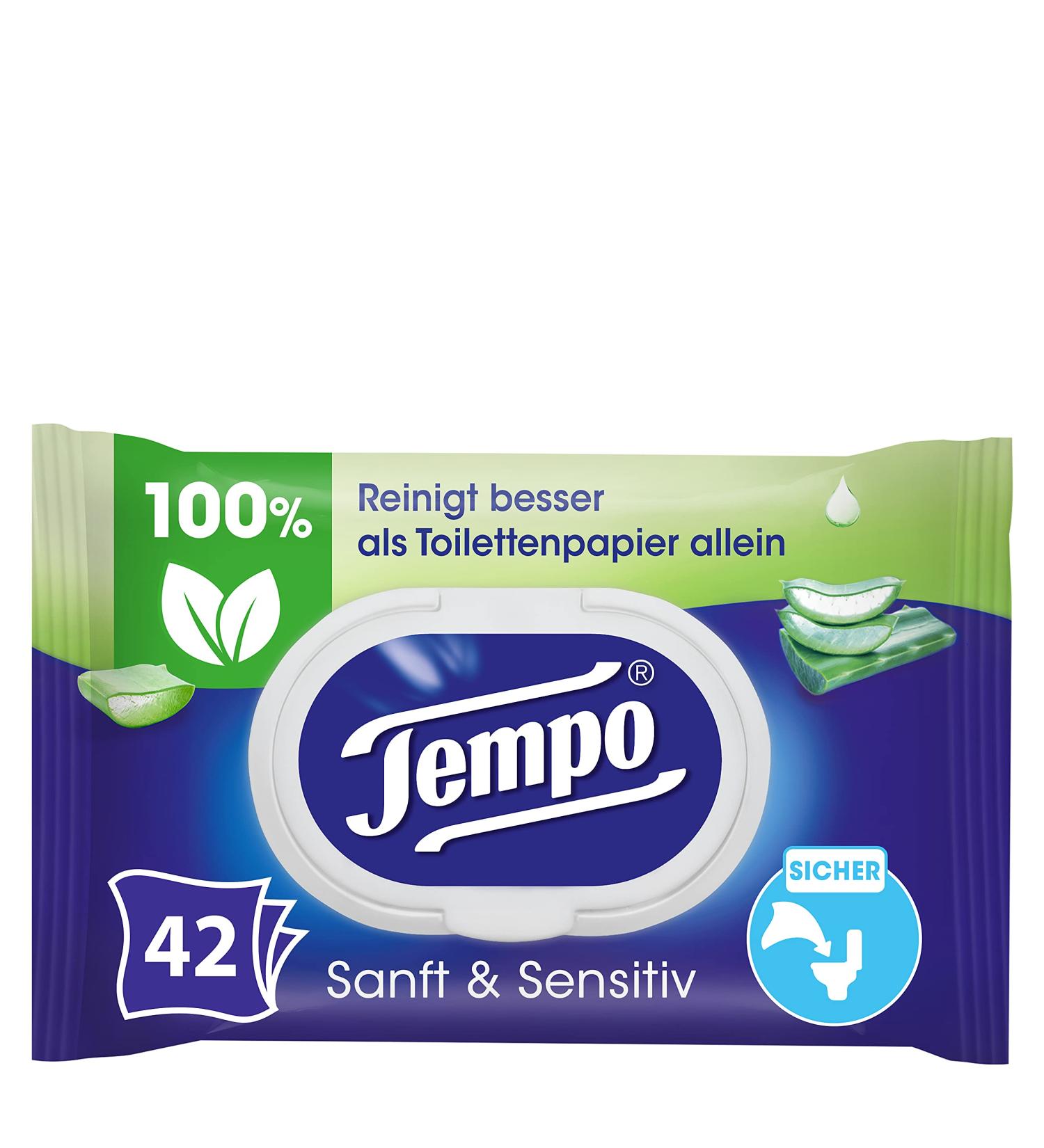Tempo Wet Toilet Paper - Gentle & Sensitive with Aloe Vera 1 Pack (42 Sheets) for a Refreshing Clean | International Shipping Available - Buy Online on GoSupps.com