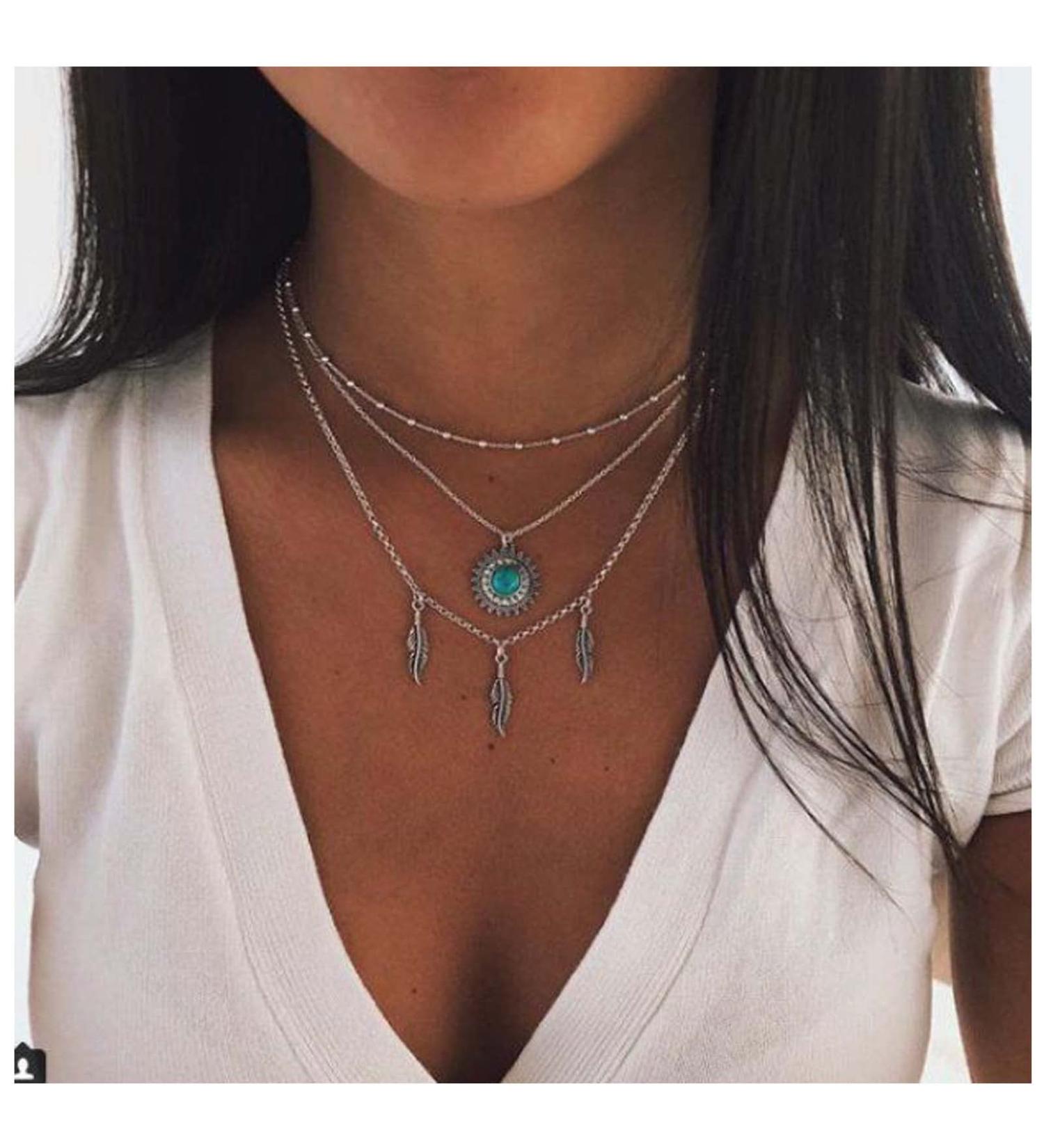 Boho Layered Feather Choker Necklace | Turquoise Pendant & Vintage Crystal Sun Jewelry for Women & Girls - Buy Online on GoSupps.com