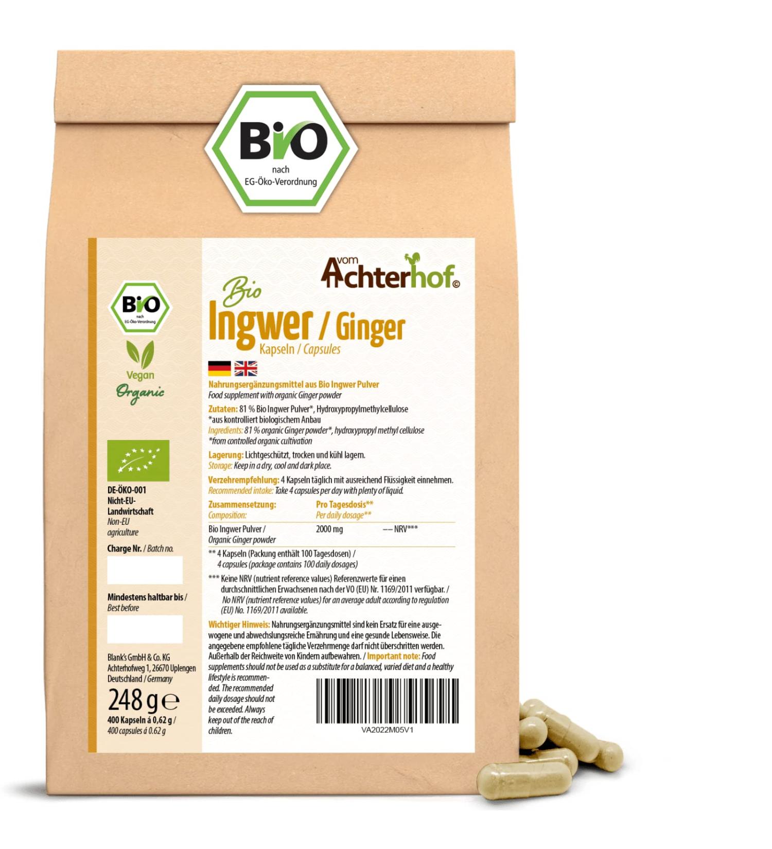 Organic Ginger Capsules - 400 pcs | 500 mg Vegan Ginger Powder | High-Quality Refill Pack | Achterhof - Buy Online on GoSupps.com