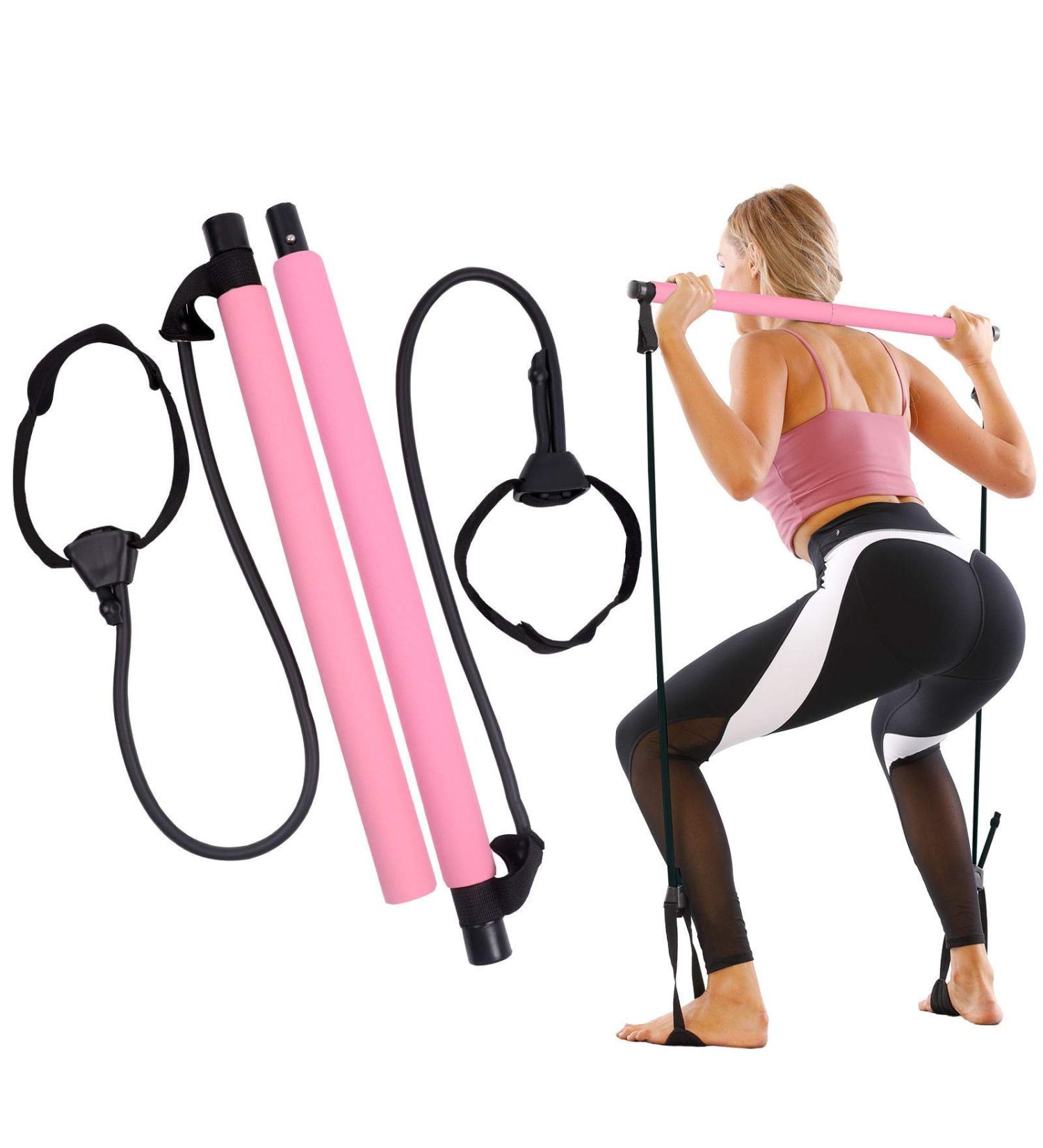 Glkeby Adjustable Pilates Stick with Tension Rope - 2-Part Pink | Enhance Flexibility & Strength for Yoga & Exercise - Buy Online on GoSupps.com