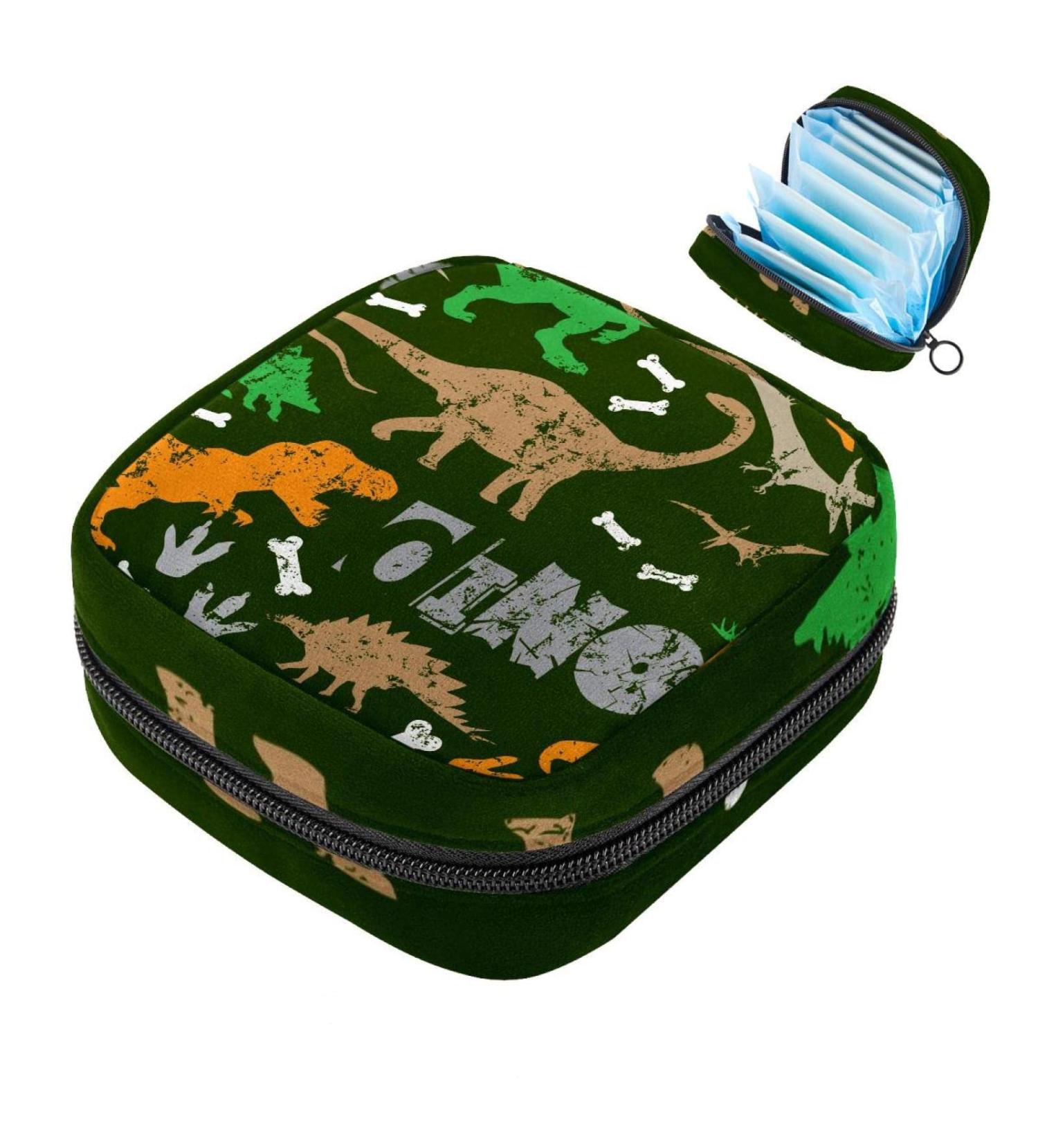 Dino Dinosaur Grunge Pattern Sanitary Napkin Storage Bag | Portable Menstrual Cup Pouch for Teen Girls & Women - Zippered Design - Buy Online on GoSupps.com