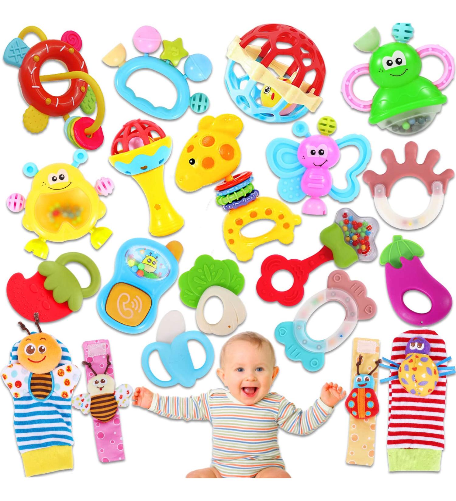 AZEN 20Pcs Baby Rattles Toys for 0-12 Month  Infant Newborn Toddler Toys for 0-6 Months  Baby Toys for 6 to 12 Months  Girl Boy Gifts Set with Teethers and Wrist Socks A-20pcs - Buy Online on GoSupps.com