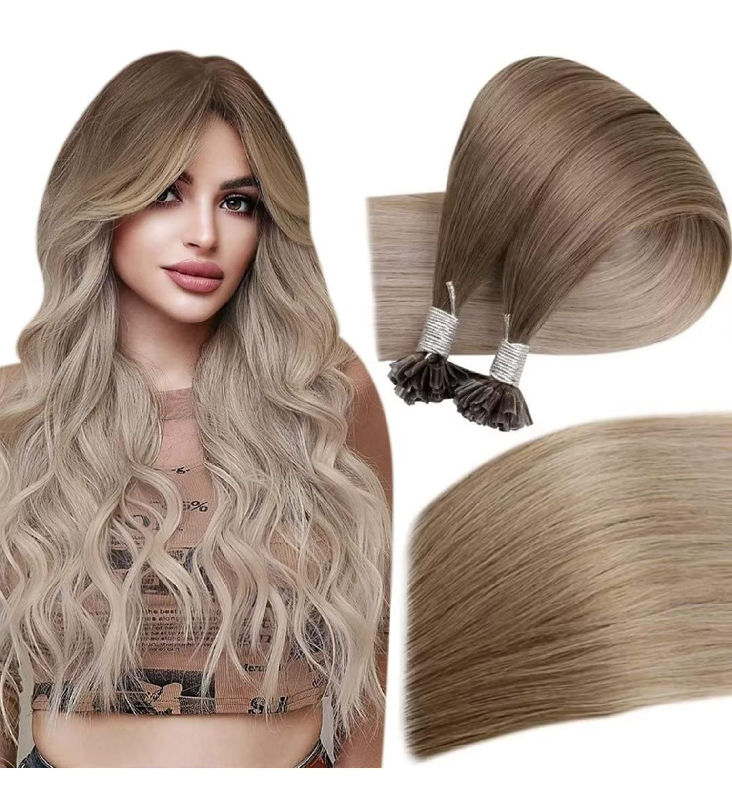 Easyouth 16 Remy Human Hair Keratin Bond Extensions - Ash Brown & Platinum Blonde Mix | 50g 50 Pieces #8/60/18 - Buy Online on GoSupps.com