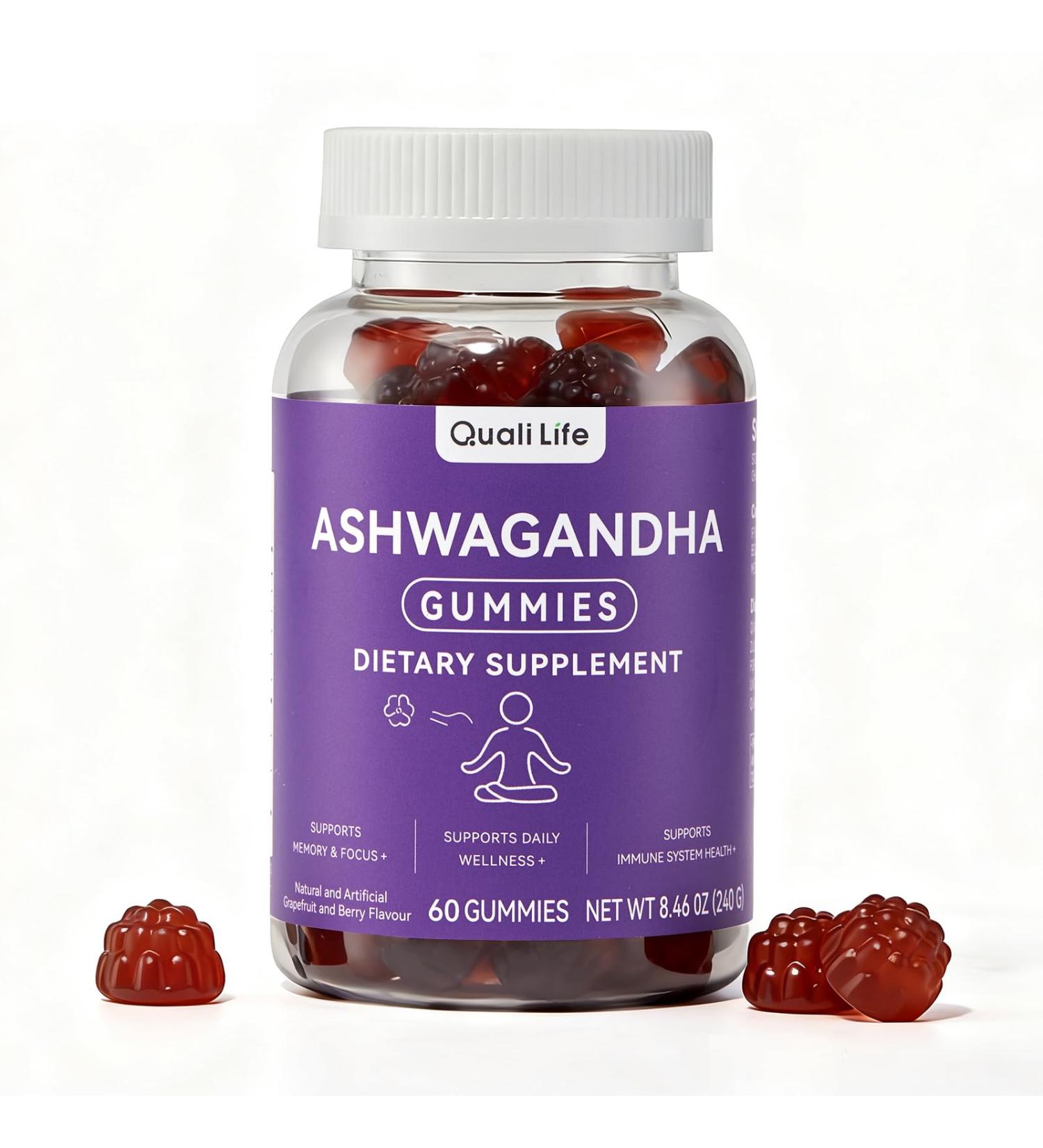 QualiLife Ashwagandha Gummies for Relax & Cortisol Support High Strength Root Extract with Cranberry & Chaste Tree Grapefruit & Berry Flavour Vegan Non-GMO Gluten-Free 60 Gummies (30 Days) - Buy Online on GoSupps.com