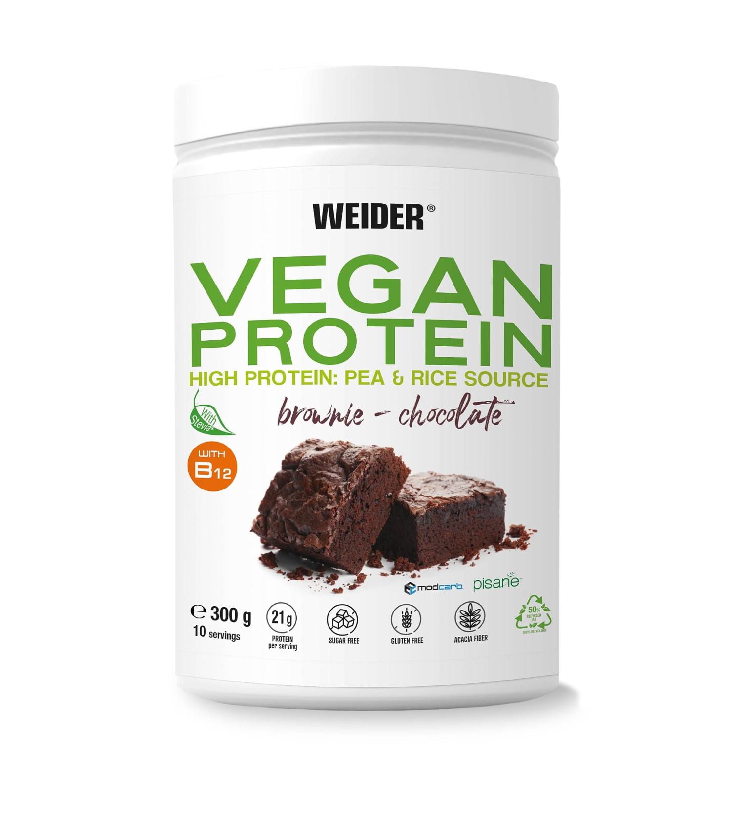 Weider Vegan Protein 300g - Brownie Flavor 21g Protein Gluten-Free Sugar-Free ISO & Rice Protein B12 Eco-Friendly Packaging - Buy Online on GoSupps.com