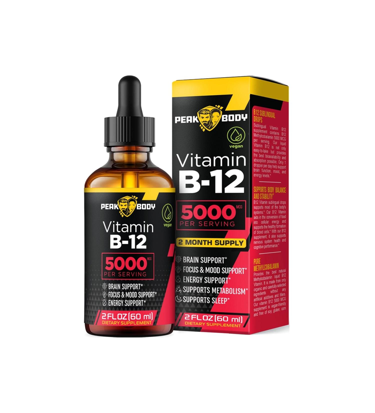 Peak Body Liquid Vitamin B12 Drops (Methylcobalamin) Active Bioavailable Form for Energy Metabolism Support Sublingual Formula - Buy Online on GoSupps.com