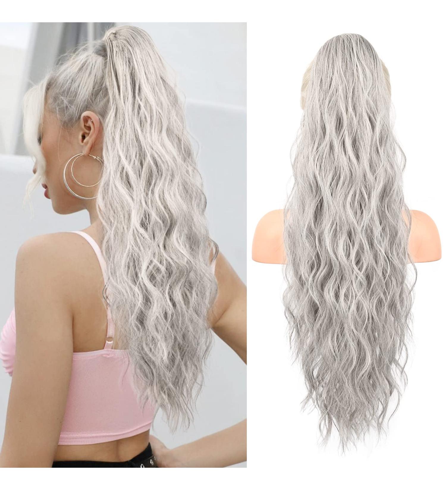 Flufymooz 66 cm Curly Ponytail Extension - Gray/Silver/White Mixed Hairpiece for Women - Synthetic Horse-Tailed Hair Extensions - Buy Online on GoSupps.com