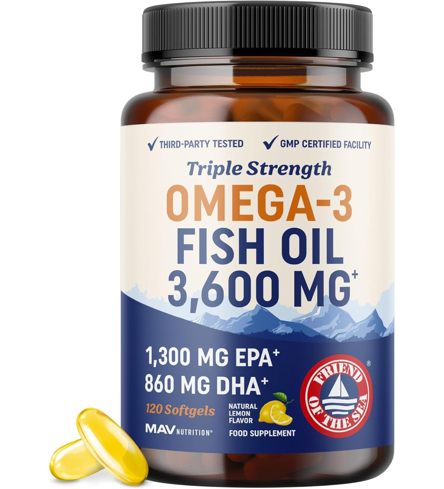 Omega-3 Fish Oil 3600mg Lemon Softgels | EPA & DHA for Brain, Heart, Joints, Skin & Immune Support | Non-GMO Burpless Supplements - 120 Count - Buy Online on GoSupps.com