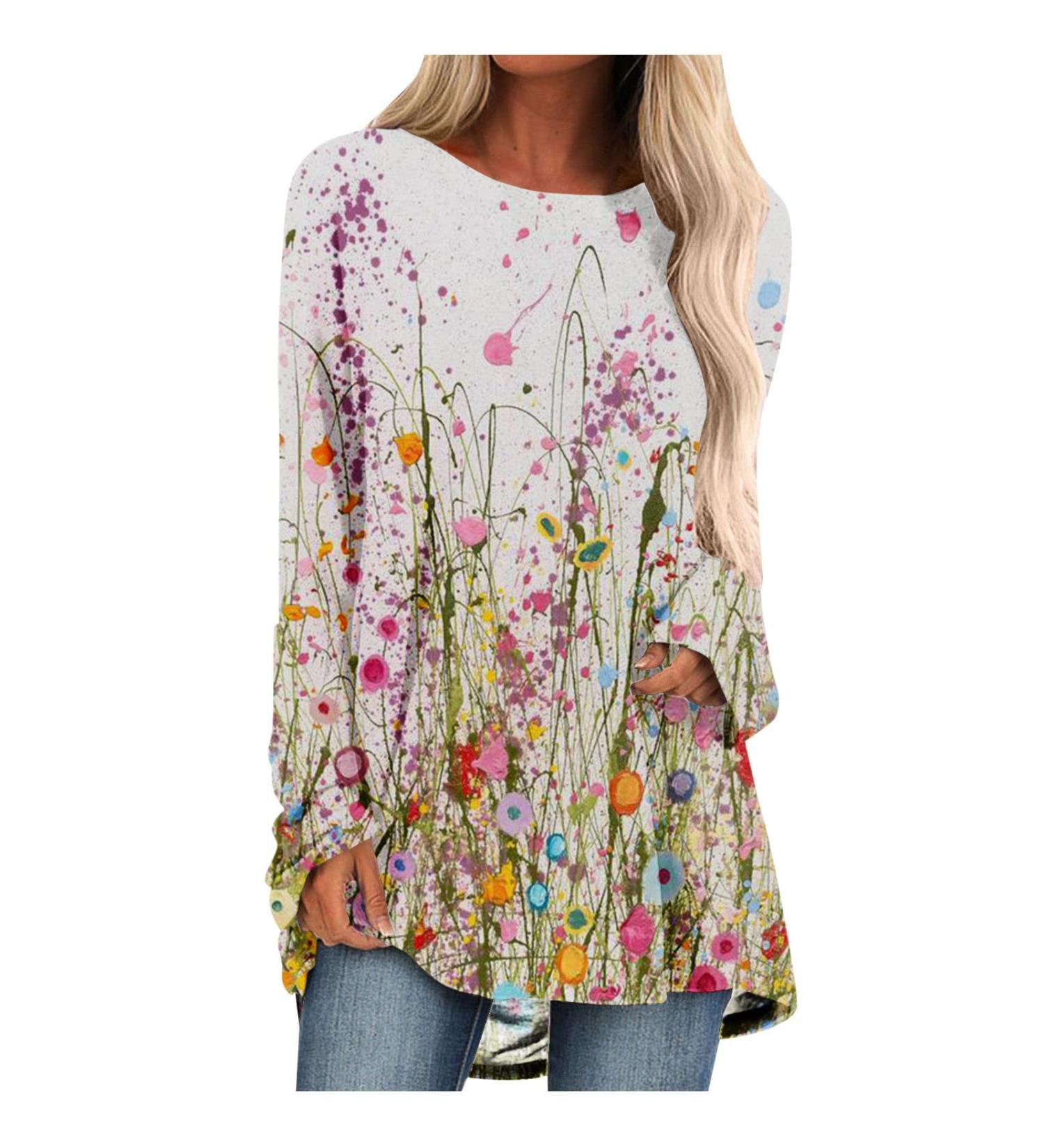 Ganfancp Women's Floral Print Sweatshirt | Round Neck Long Sleeve Tunic Blouse | White Fall Tops - Size Medium - Buy Online on GoSupps.com