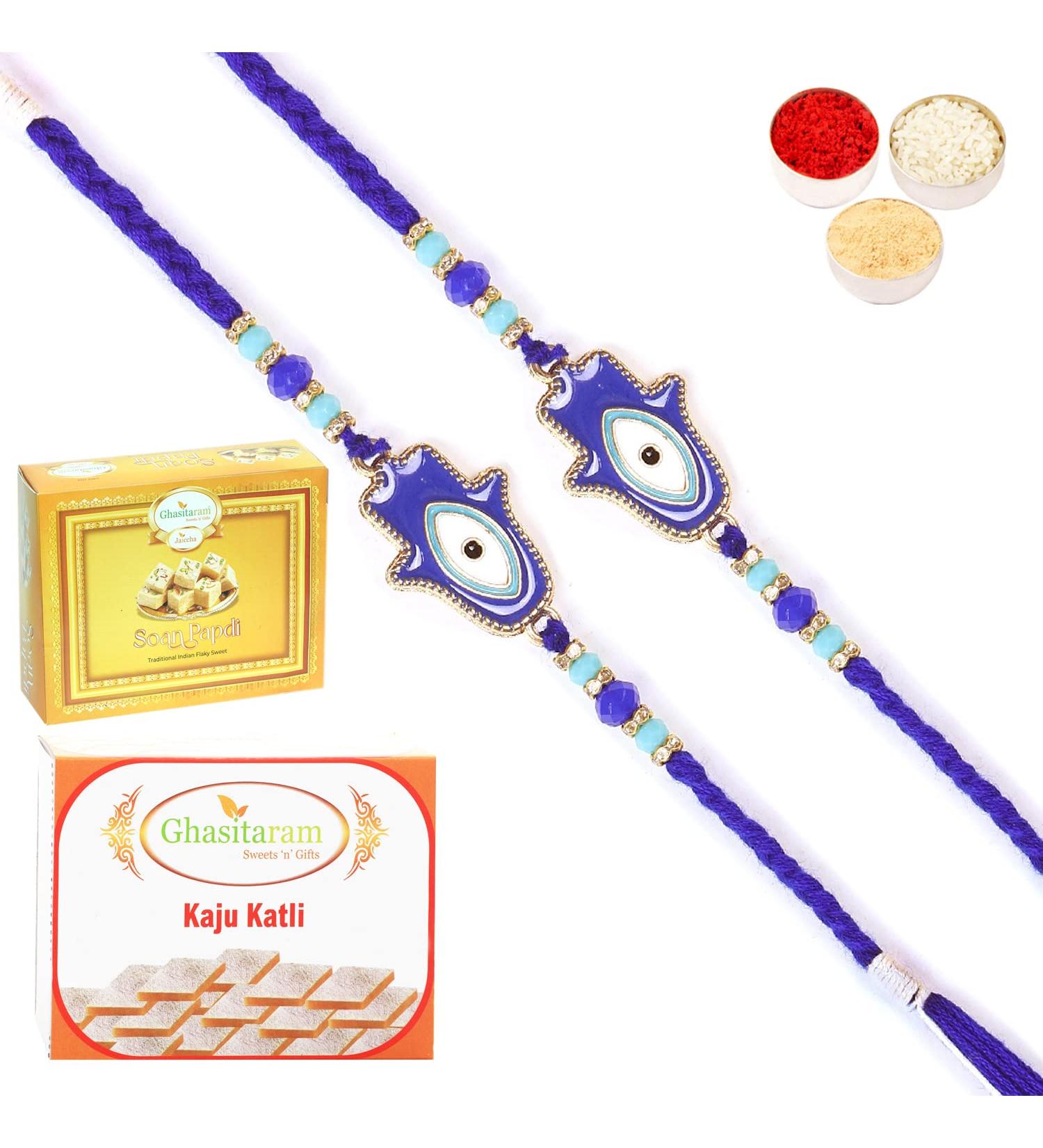 Ghasitaram Gifts Rakhi for Brother Rakhis Online - Set of 2-8931 Evil Eye Fancy Thread Rakhi with 200 GMS of Kaju katli and 200 GMS of Soan Papdi 2 Rakhis with 200 gms of Kaju katli and Soan Papdi - Buy Online on GoSupps.com