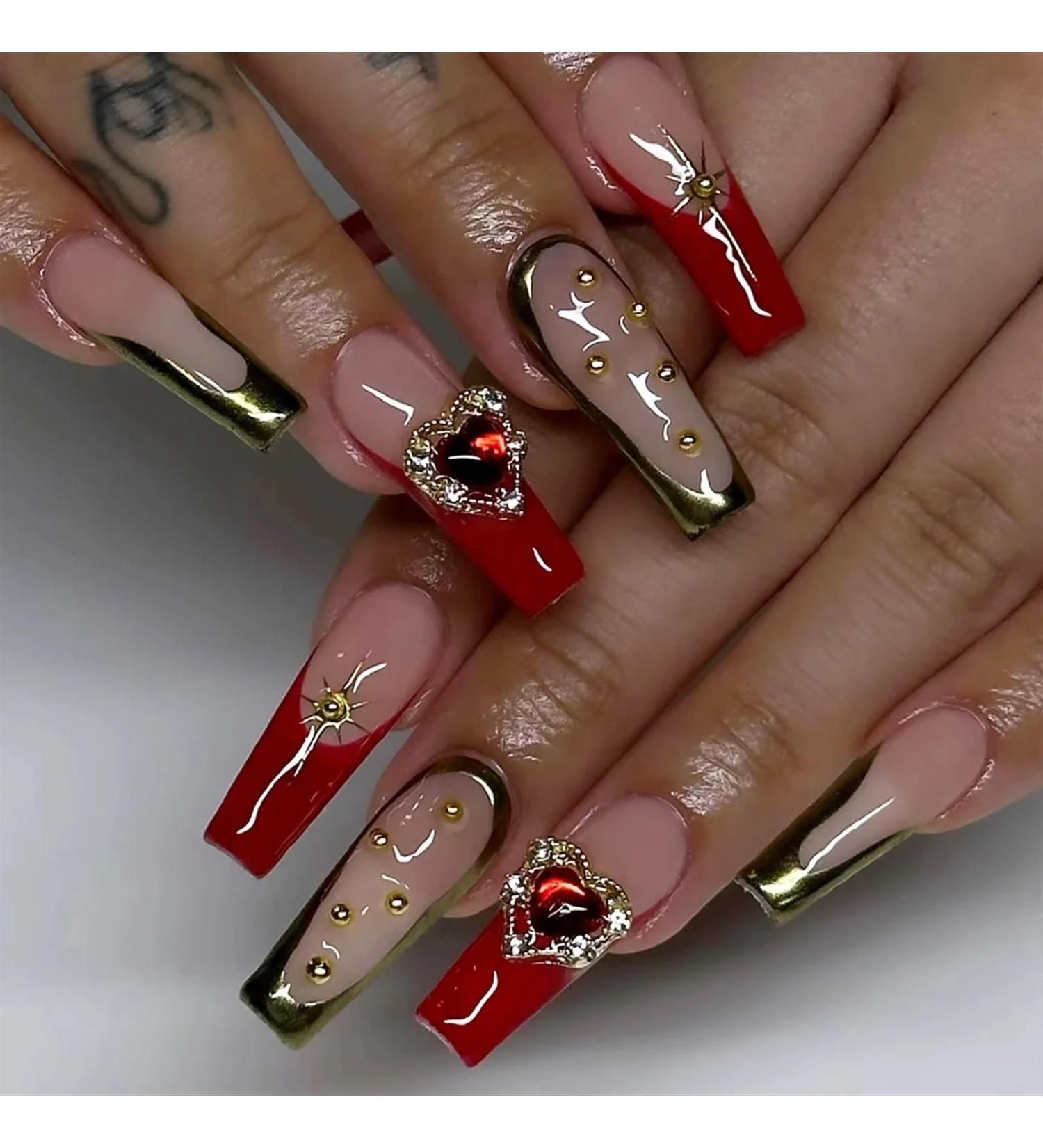 Nail Tips False Nails Tips Art Press on Nails Long Coffin False Nails with Glue Wearable Brown Fake Nails with Rhinestones Ballet Press on Nails Full Cover Nail Tips(39) - Buy Online on GoSupps.com