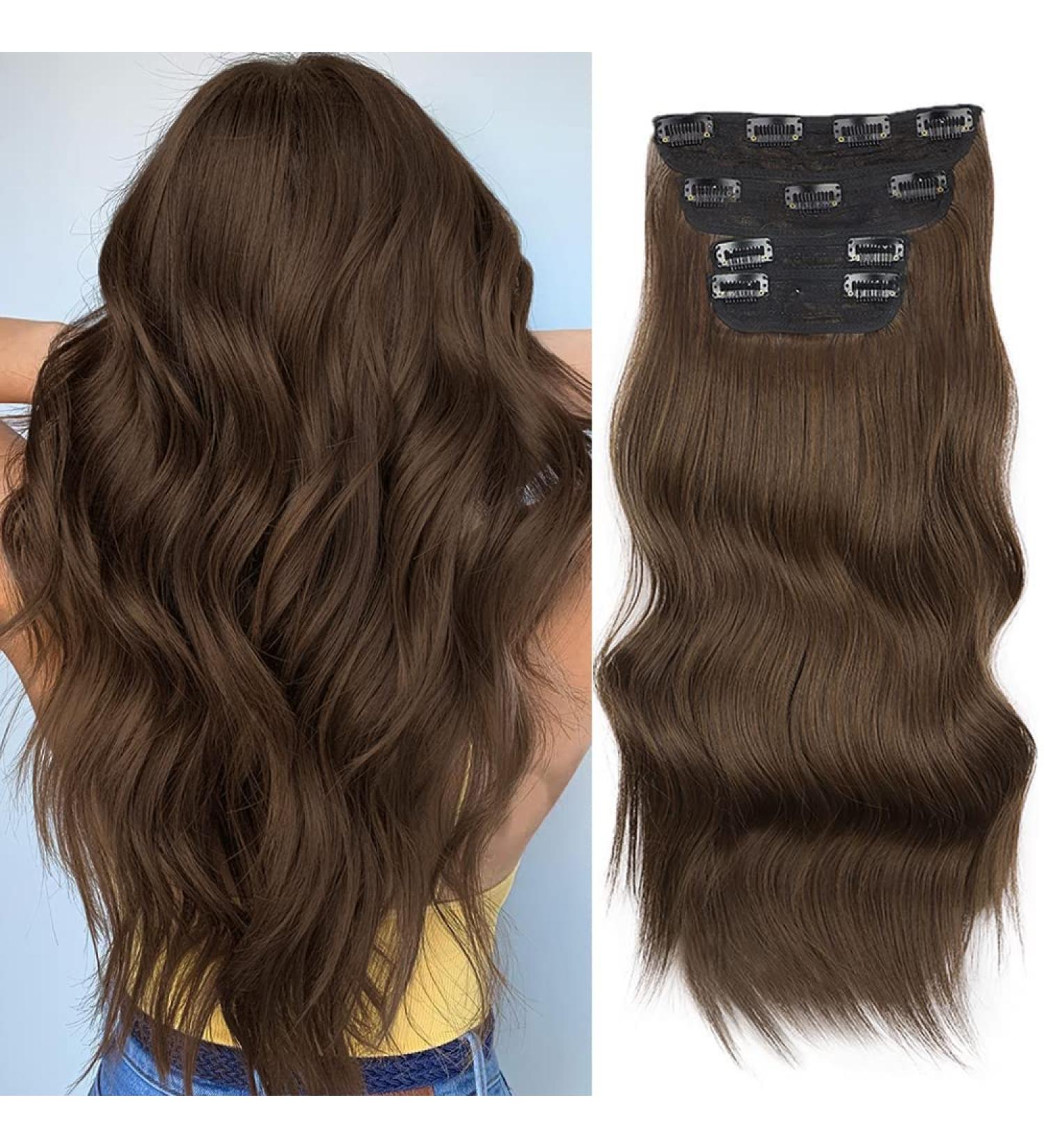 Deethens 20 Clip in Beach Wavy Hair Extensions - Synthetic Bouncy Curly Hairpieces for Women in Moss Brown - Buy Online on GoSupps.com