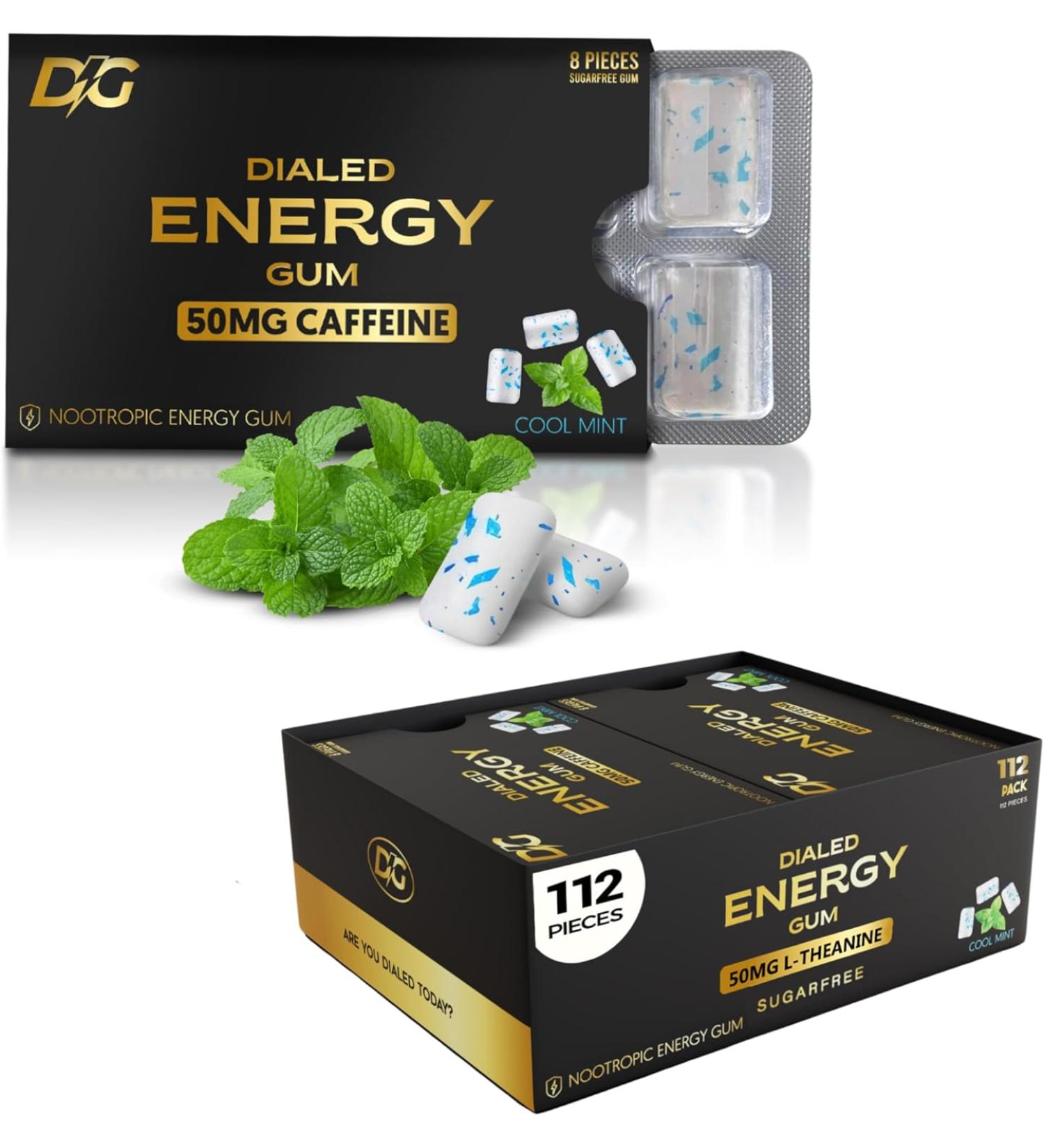 Dialed Energy Caffeine Gum (112 Pieces) | 50mg Caffeine | Sugar Free & Aspartame Free Gum with L-theanine + Taurine + Vitamin B12 + B6 | Nootropic Energy & Focus Supplement - Xylitol Gum | (Cool Mint) - Buy Online on GoSupps.com