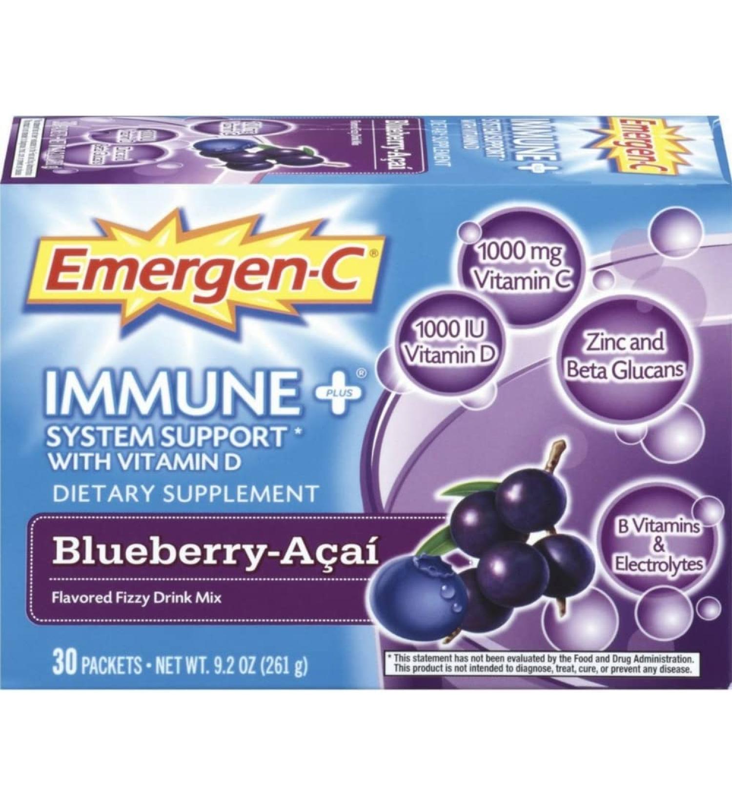 Emergen-C Immune + Vitamin C, D & Zinc - Blueberry-Acai 30 Packets (1000 mg Each) - Buy Online on GoSupps.com