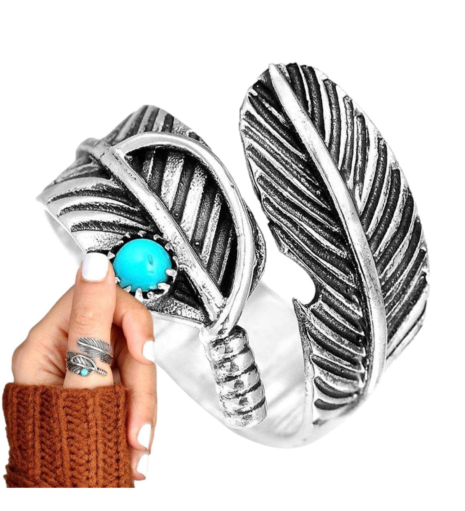 Boho Feather Turquoise Rings | Adjustable Stackable Finger S | Perfect Promise Gifts for Girlfriend & Meditation - Buy Online on GoSupps.com