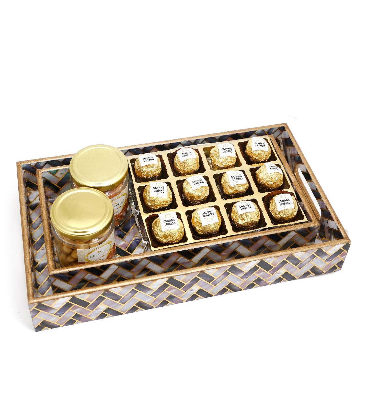 Jaiccha Ghasitaram Set of 2 Printed Blue Trays of Channa Laddoos Roasted Cashews and Almonds Jars|Gift for Diwali Gifts Holi Rakhi Valentine Christmas Birthday Anniversary Her Him| 2 Trays of Channa Laddoos Roasted Kaju Almonds Jar - Buy Online on GoSupps.com