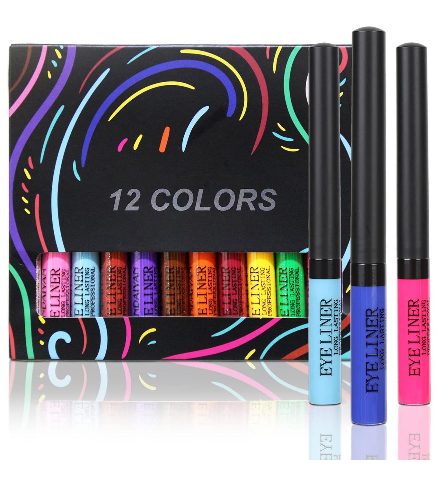 12pcs Waterproof Matte Liquid Eyeliner Set - Colorful Makeup Pen Set in White, Red, Blue, Green, and Brown - Buy Online on GoSupps.com