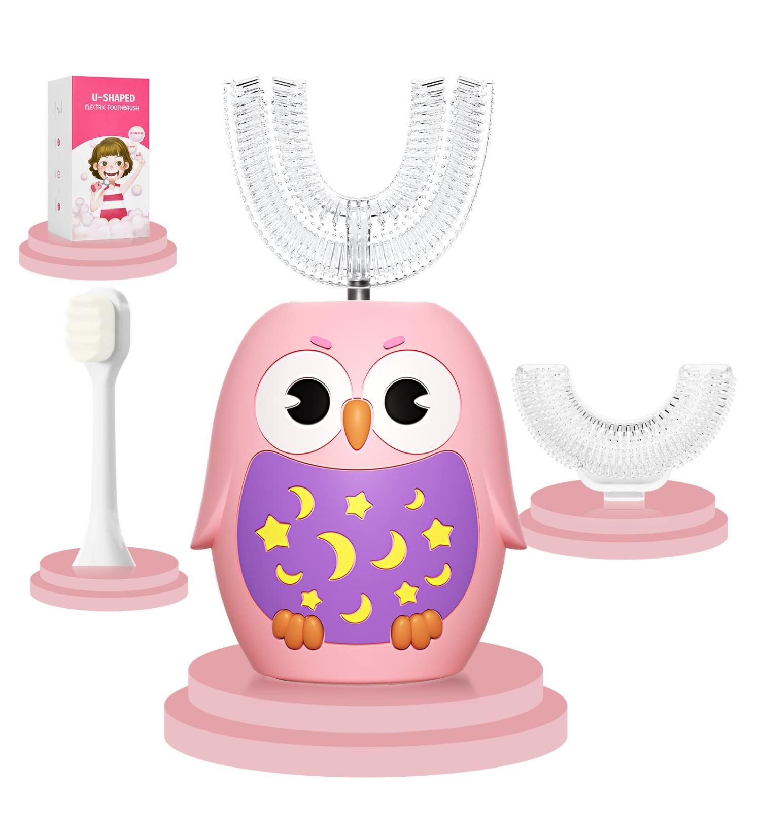 Kids U-Shaped Electric Toothbrush with 3 Brush Heads and Timer - Pink Owl Design | Ages 2-6 - Buy Online on GoSupps.com