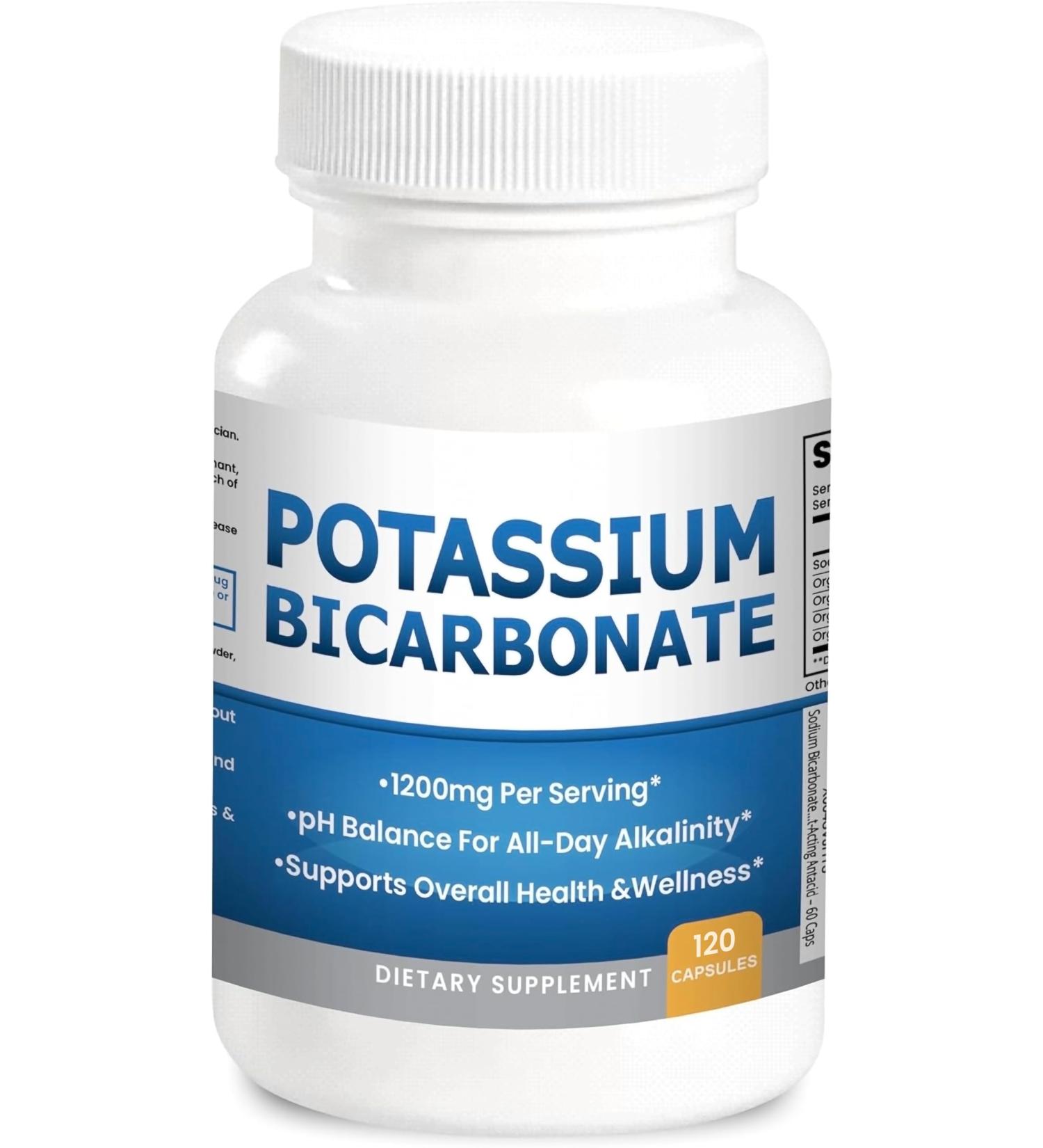 Pure Potassium Bicarbonate Supplement Capsules pH Balance Pills High Potassium Electrolytes 1200mg Serv. USA Made Bicarbonate Food Grade Acid-Alkaline Balance Immunity Endurance 120 caps 120 Count (Pack of 1) - Buy Online on GoSupps.com