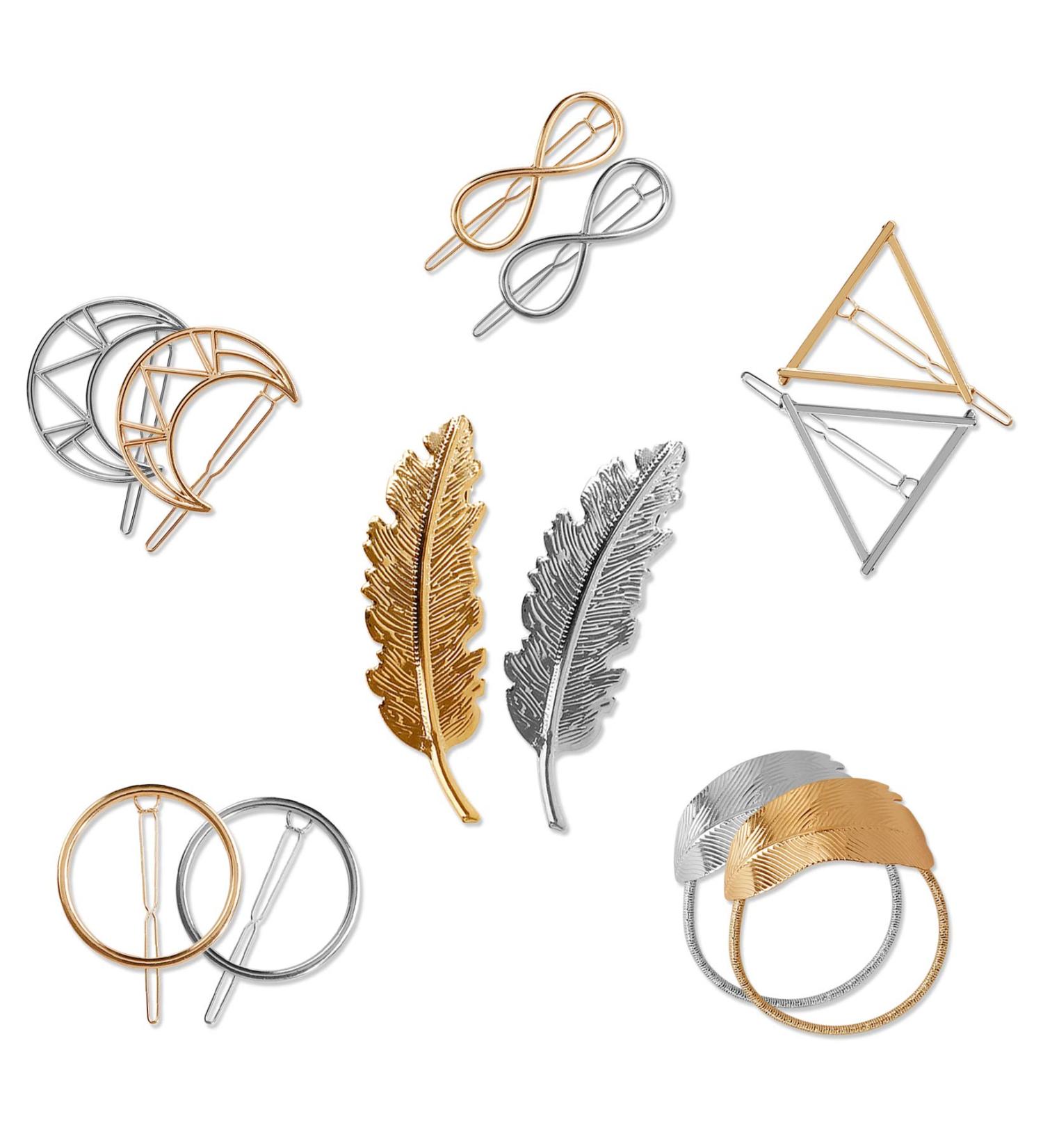 12-Pack Metal Hair Clips for Women - Stylish Leaf Circle Triangle Infinity & Moon Designs - Perfect for Thick Hair - Gold & Silver - Buy Online on GoSupps.com