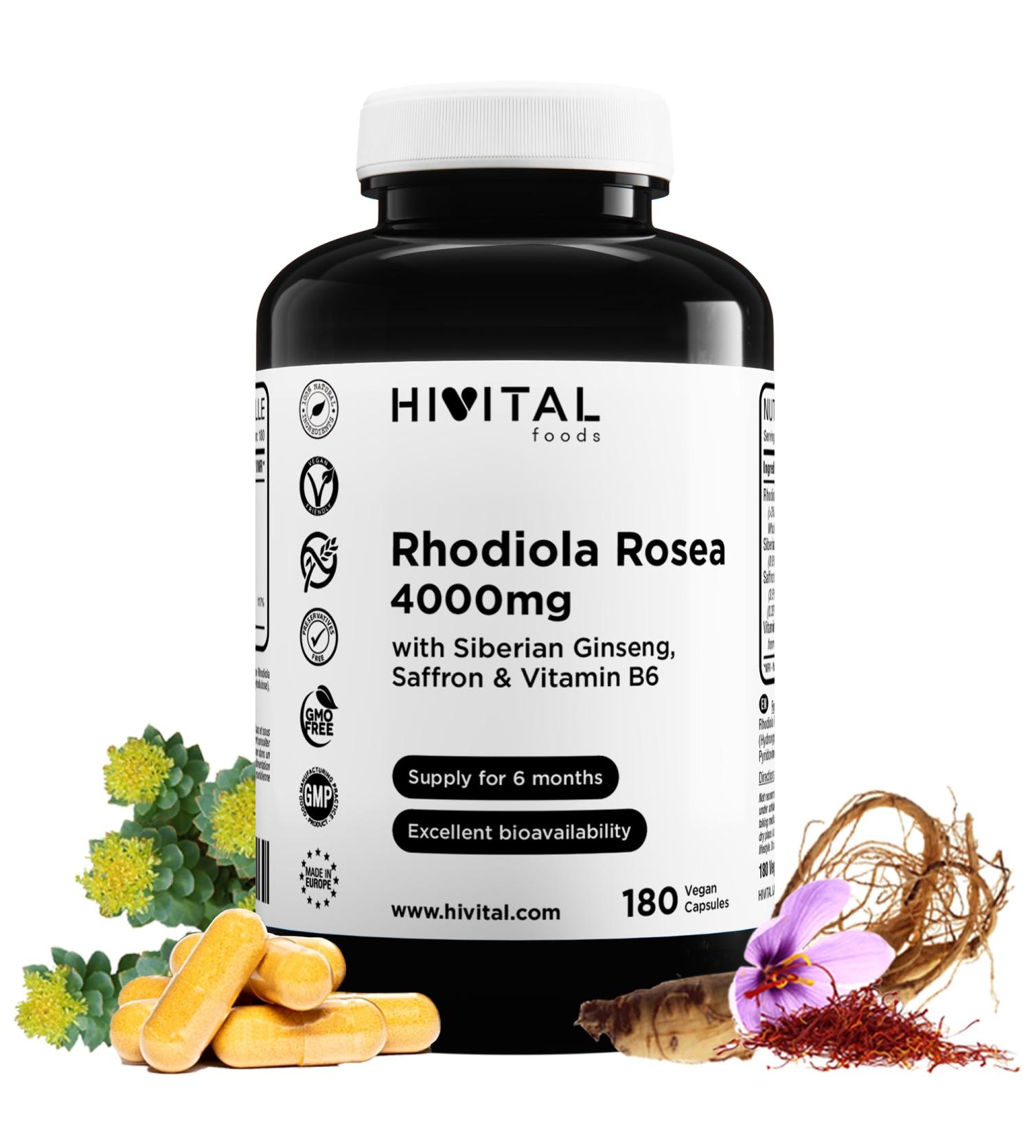 Rhodiola Rosea 4000 mg. 180 vegan capsules for 6 months of treatment. Rhodiola with 3% Salidr sides with Siberian Ginseng Saffron and Vitamin B6. - Buy Online on GoSupps.com