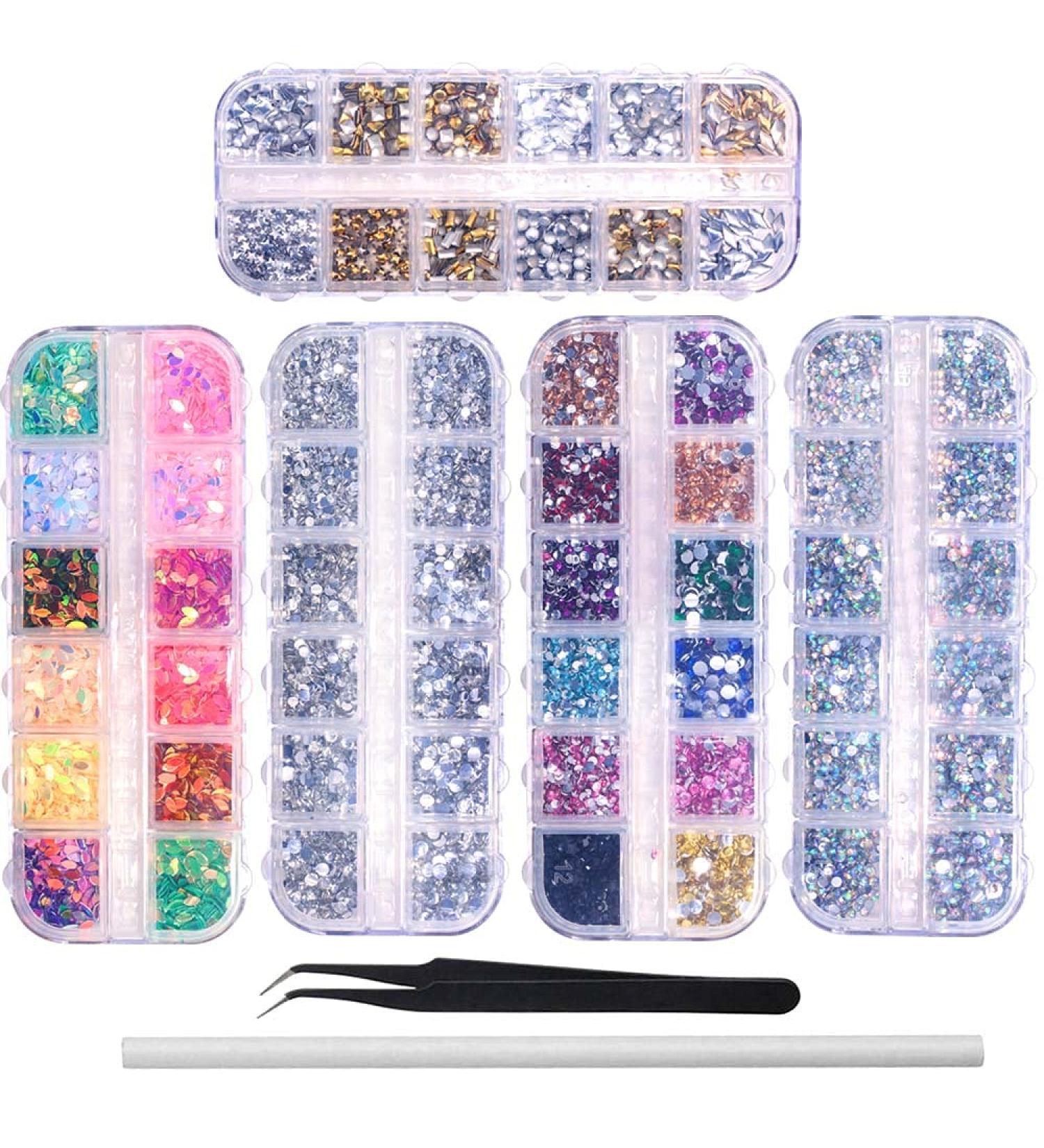 6400pcs Nail Art Rhinestones & Gems Kit with Tweezers and Wax Pen - Gold & Silver Studs, Colorful Sequins for Nails - Nail Art Supplies - Buy Online on GoSupps.com
