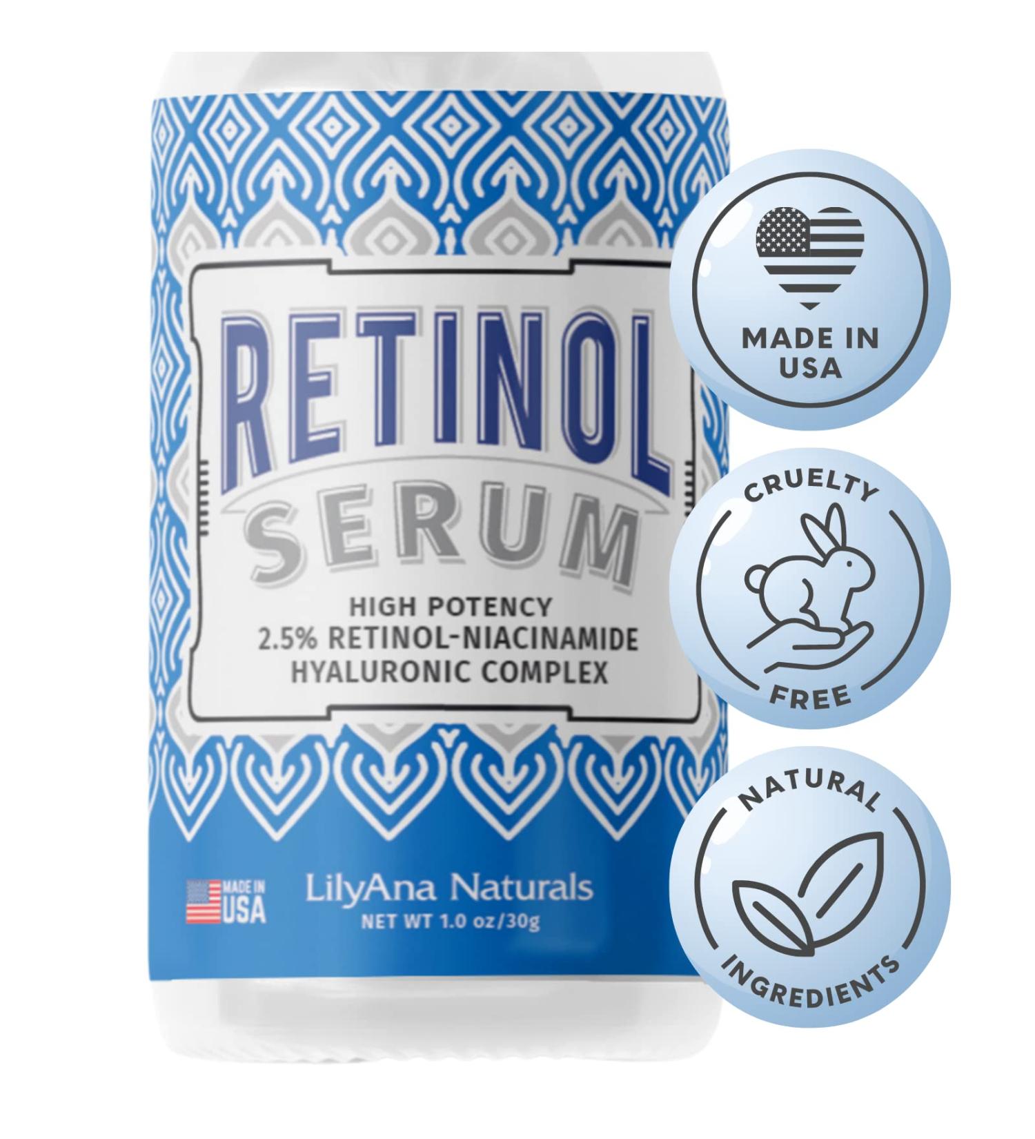 LilyAna Naturals Retinol Serum - 2.5% Pure Retinol for Dark Spots & Acne Scars - 1oz (1-Pack) - Buy Online on GoSupps.com