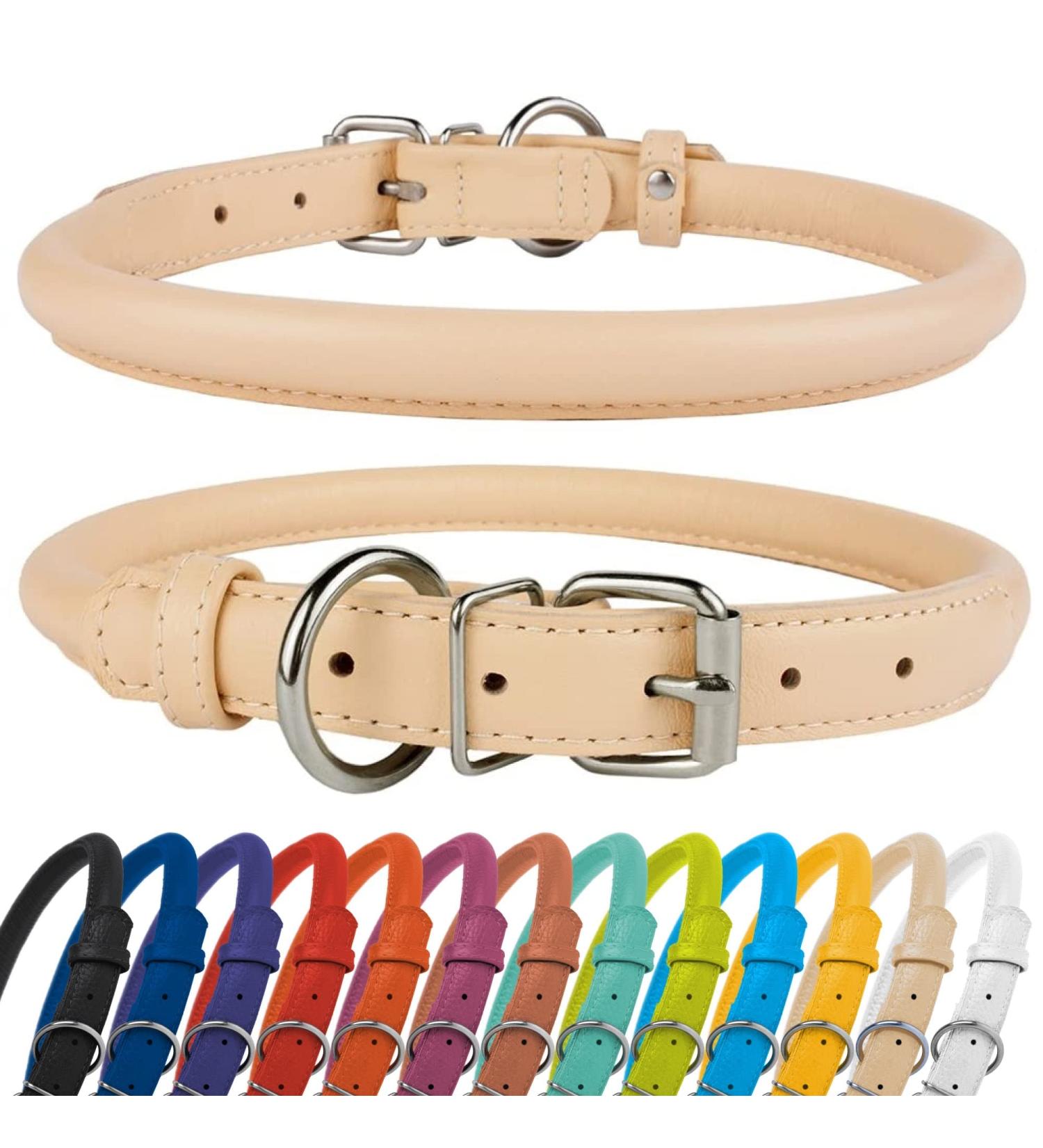 Collardirect Round Leather Dog Collar | Handmade Soft Padded Rolled Collar for Dogs & Cats - 15-18 cm - Black Pink Red Purple Blue Beige - Buy Online on GoSupps.com