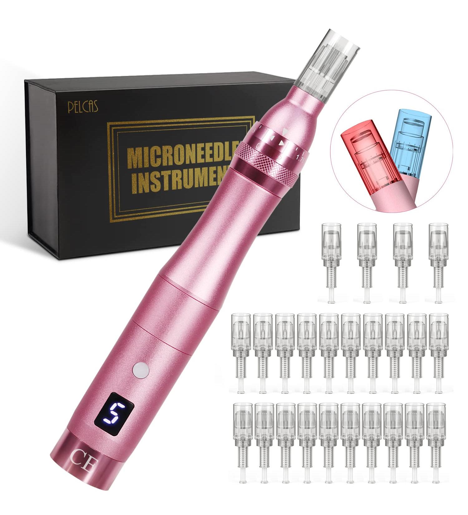 PELCAS 2 in 1 Microneedling Pen Derma Pen with 2 LED Colors & 6 Speeds Dermapen LCD Display with 24 Replacement Cartridges Rechargeable Cordless 0-2 mm Adjustable for Skin Care - Buy Online on GoSupps.com