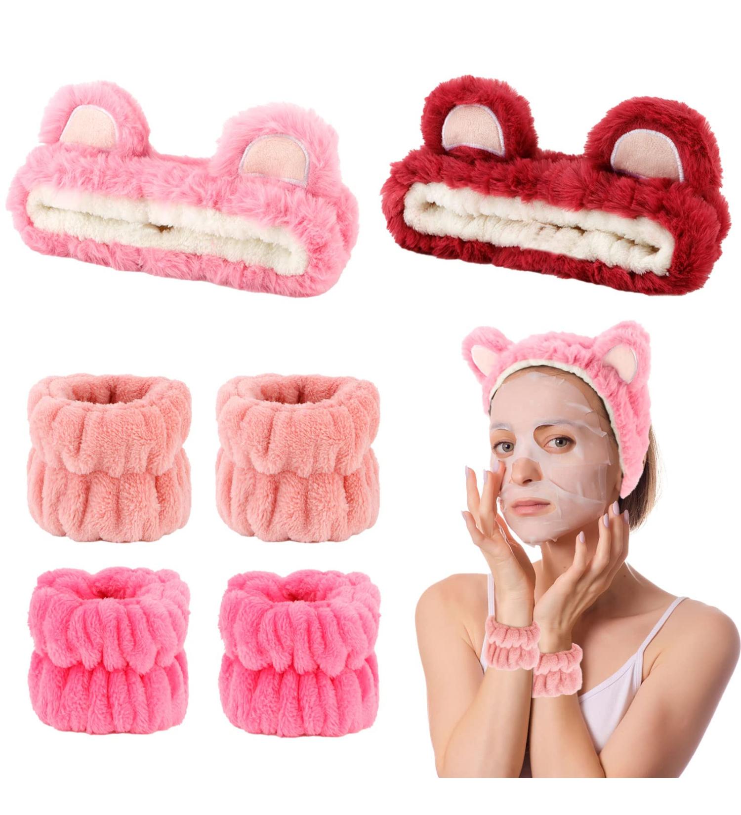 AMCAMI 6 Pcs Spa Headband and Wristband Set | Cute Bear Ears Design | Makeup and Skincare Headbands for Women | Pink Red - Buy Online on GoSupps.com