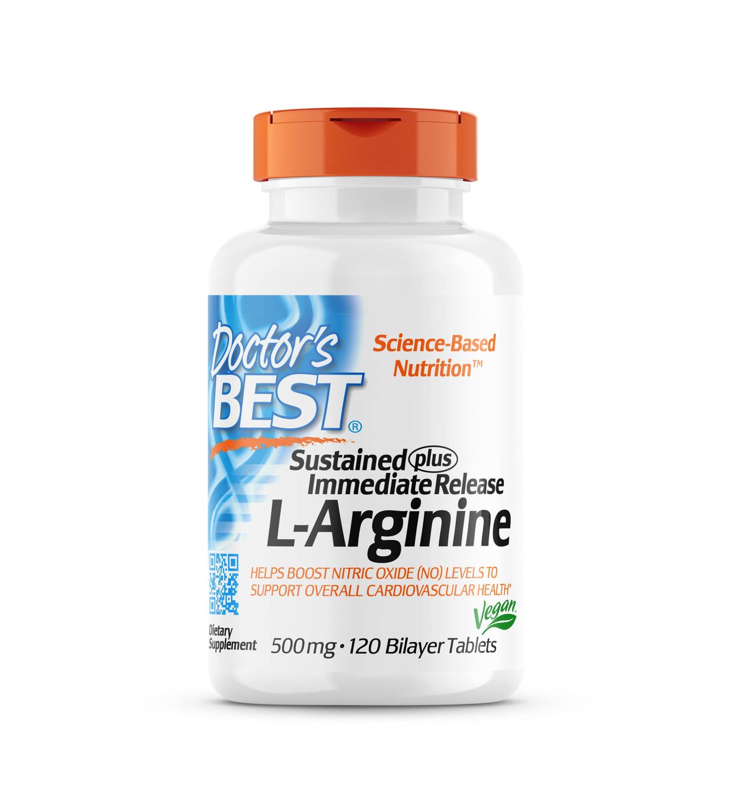 Doctorâ€™s Best L-Arginine 500 mg - Sustained & Immediate Release, 120 Bilayer Tablets - Buy Online on GoSupps.com