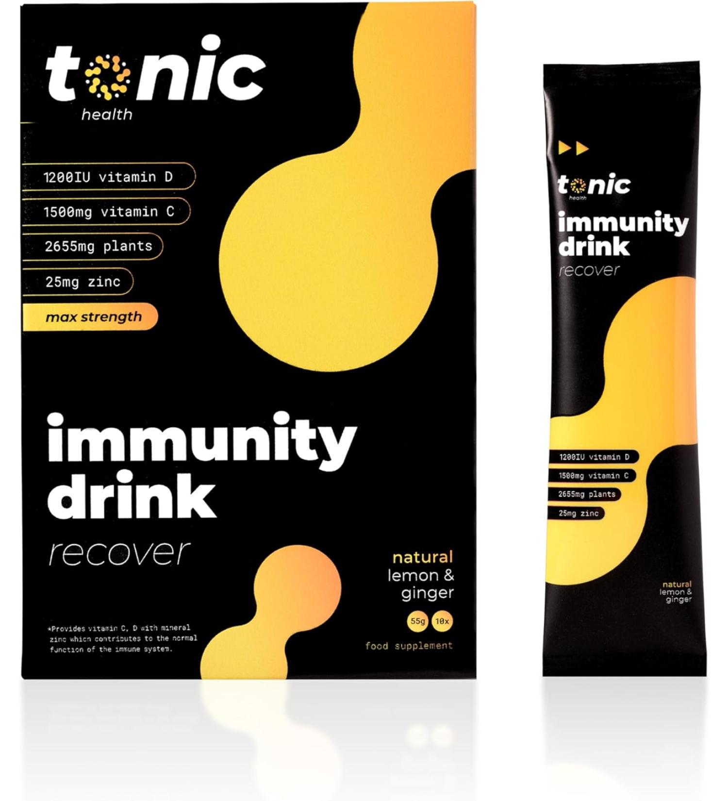 Tonic Health High Dose Immunity Drink Immune Booster Sachets Multivitamins High Strength Mix of Vitamins C D Zinc & Plant Extracts 10 Count - Lemon & Ginger - Buy Online on GoSupps.com