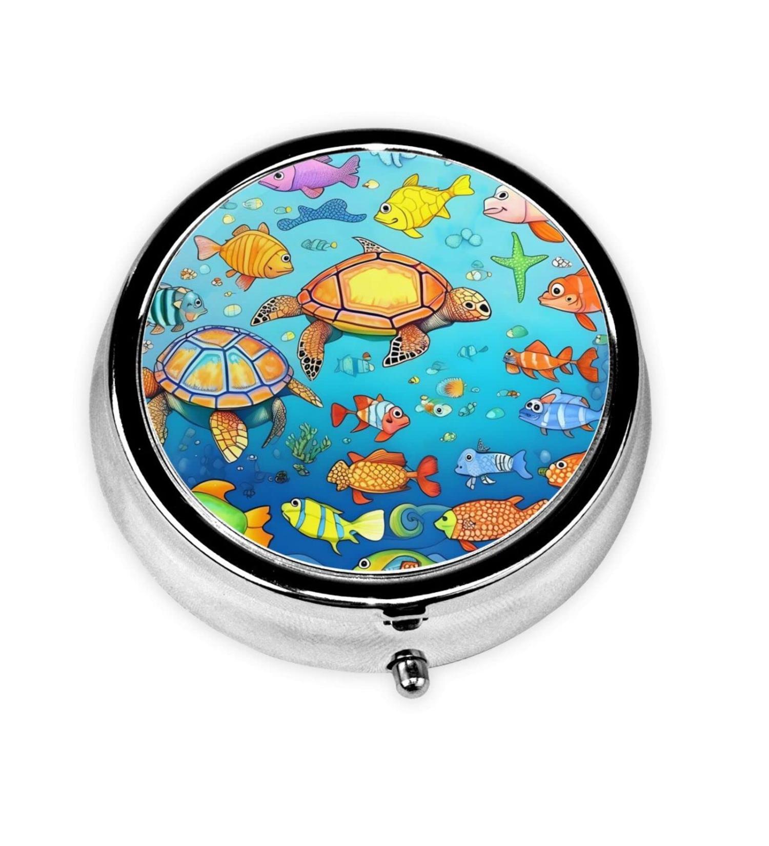 Shop Turtle & Fish Round Pill Box - 3 Compartment Portable Organizer for Travel | International Shipping Available - Buy Online on GoSupps.com