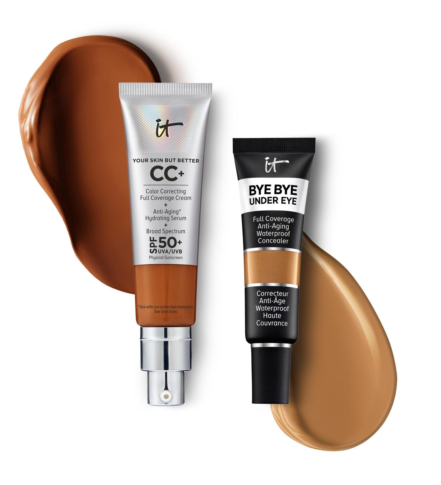 IT Cosmetics CC+ Cream with SPF 50+ Natural Finish Full Coverage Foundation (Rich Honey - 1.08 fl oz) & Bye Bye Undereye Concealer Anti-Aging Makeup (35.0 Rich Amber - 0.4 fl oz) - Buy Online on GoSupps.com